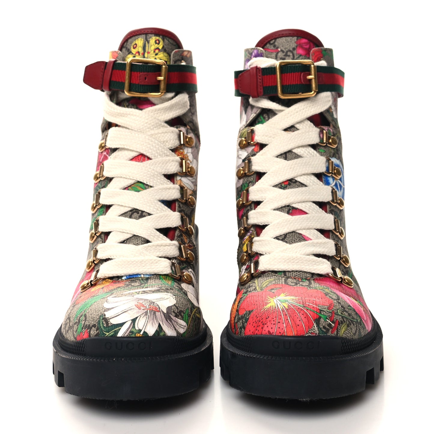 GG Supreme Monogram Flora Lace Up Combat Ankle Boots 39 Beige Multicolor Red