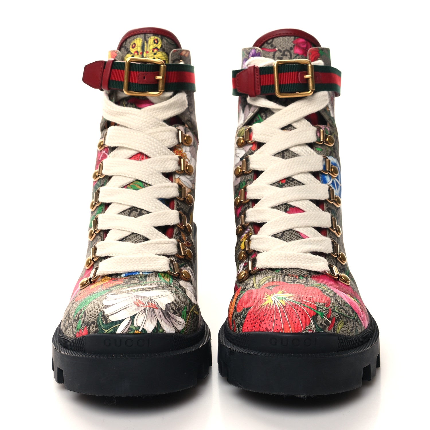 Gucci GG Supreme Monogram Flora Lace Up Combat Ankle Boots 39 Beige Multicolor Red 2 of 8
