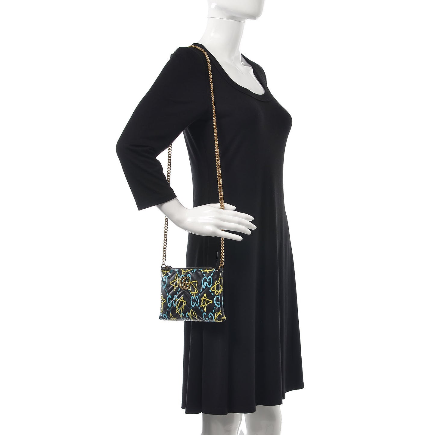 Calfskin Matelasse Printed Mini GucciGhost GG Marmont Chain Bag Black New Acquamarine