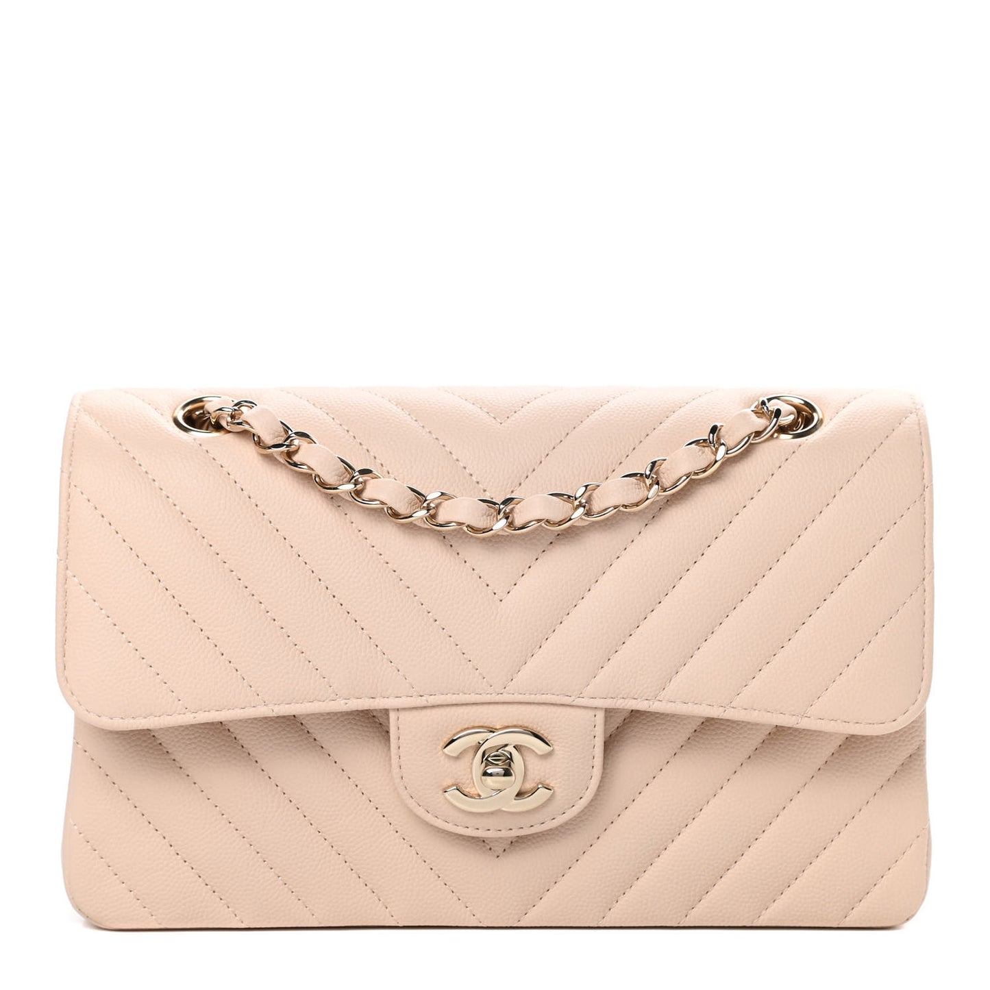 Caviar Chevron Quilted Small Double Flap Beige