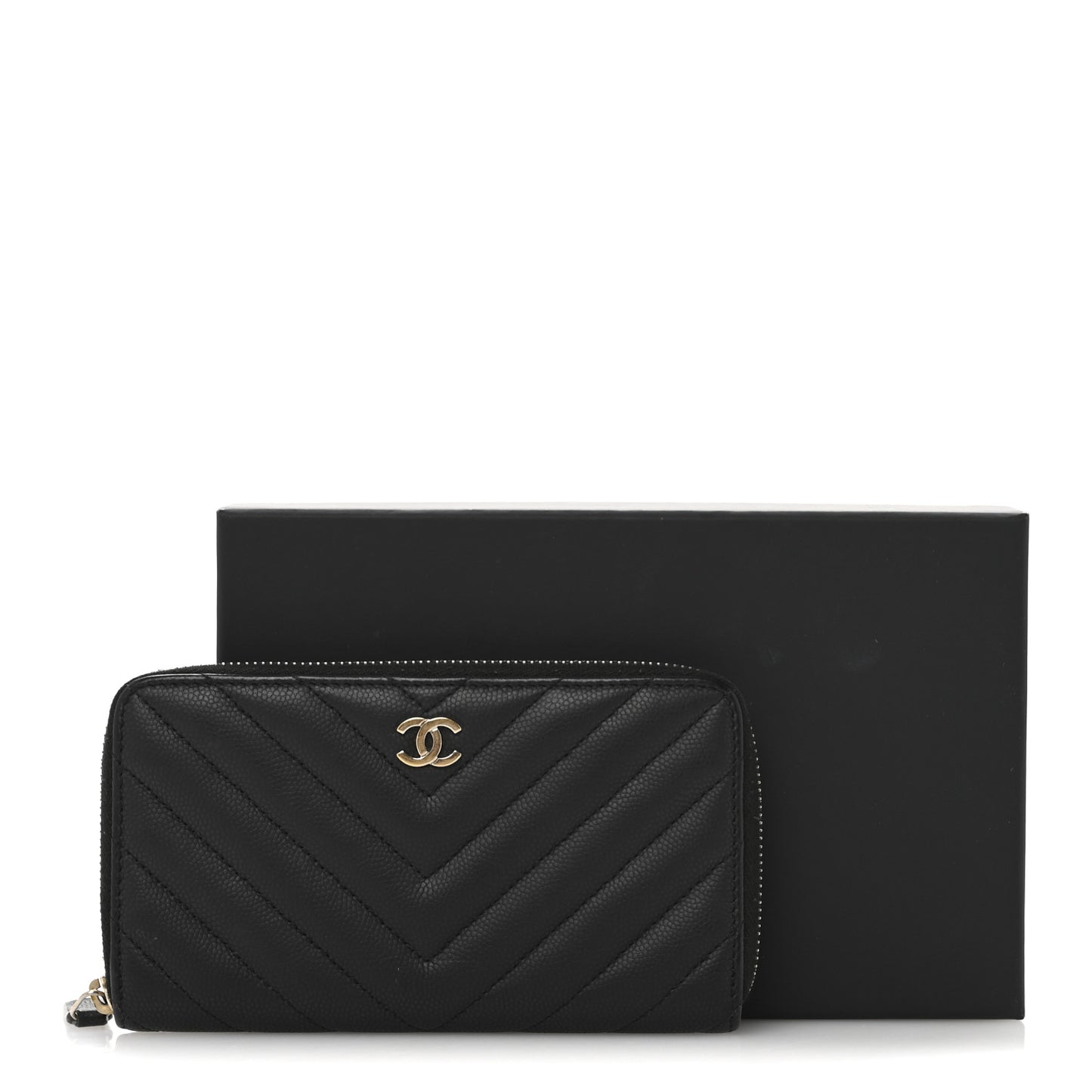 Caviar Chevron Quilted Medium Zip Around Wallet Black