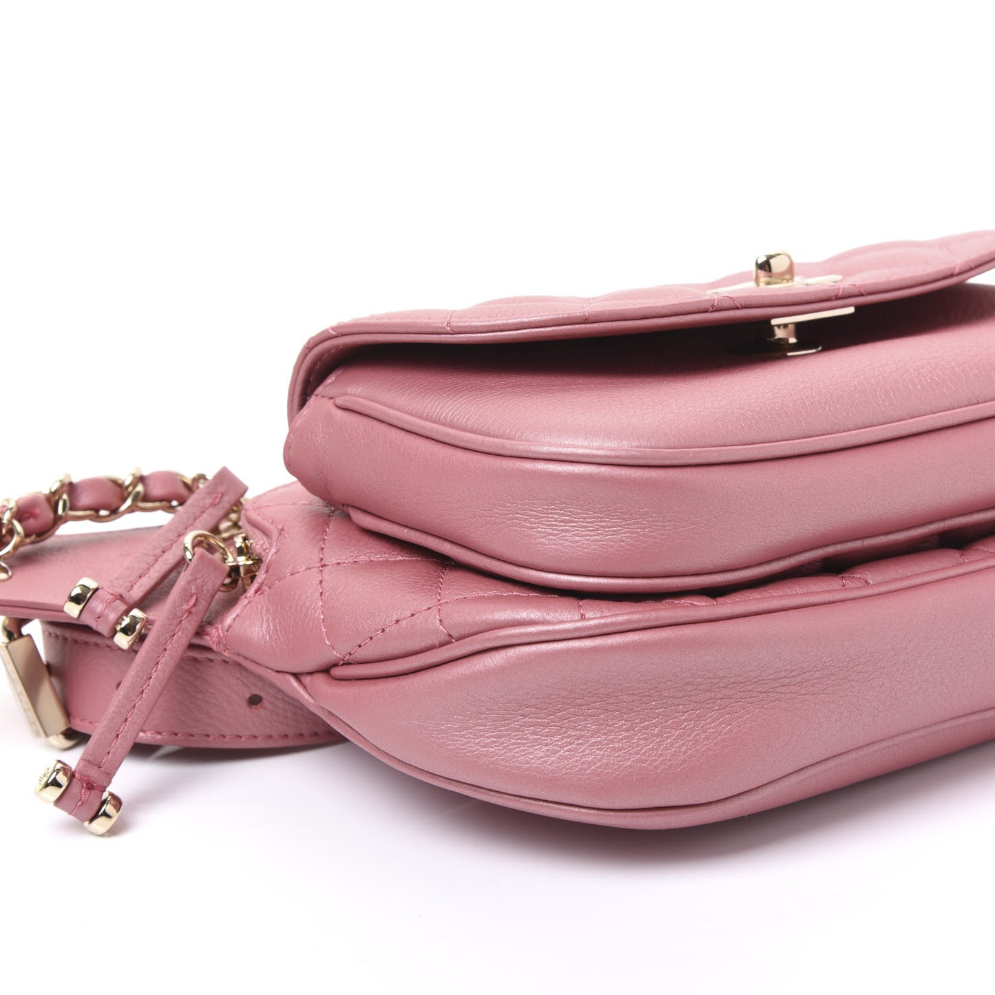 Metallic Calfskin Flap Chain Waist Bag Pink