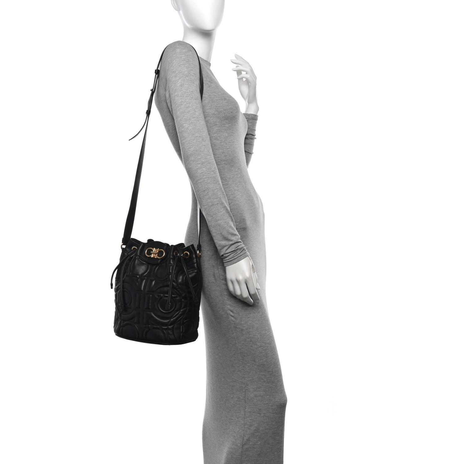 Salvatore Ferragamo Calfskin Quilted Gancini Bucket Bag Black 2 of 12