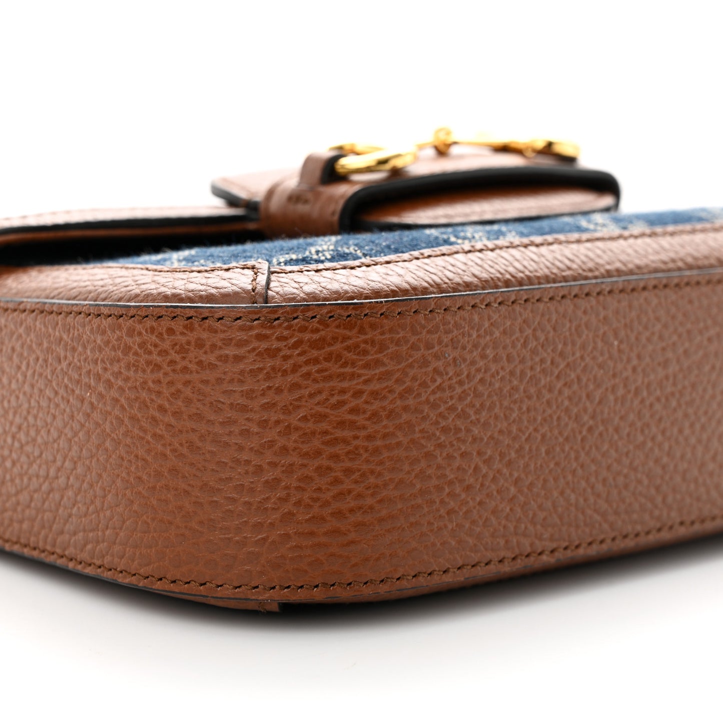 New Denim GG Monogram Dollar Calfskin Web Mini Horsebit 1955 Shoulder Bag Blue Tea Cuir Epilog