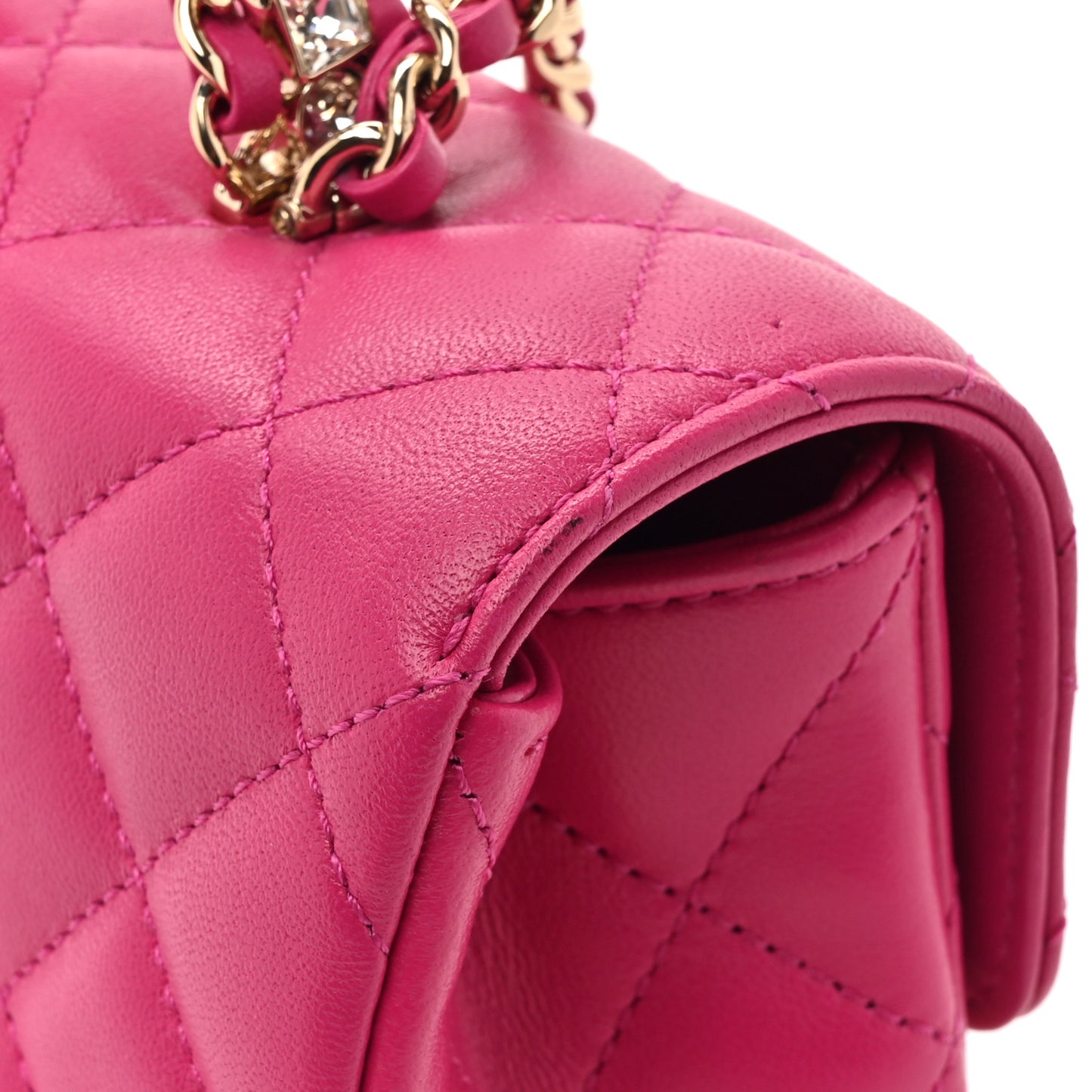 Lambskin Quilted Mini Crystal Top Handle Rectangular Flap Dark Pink
