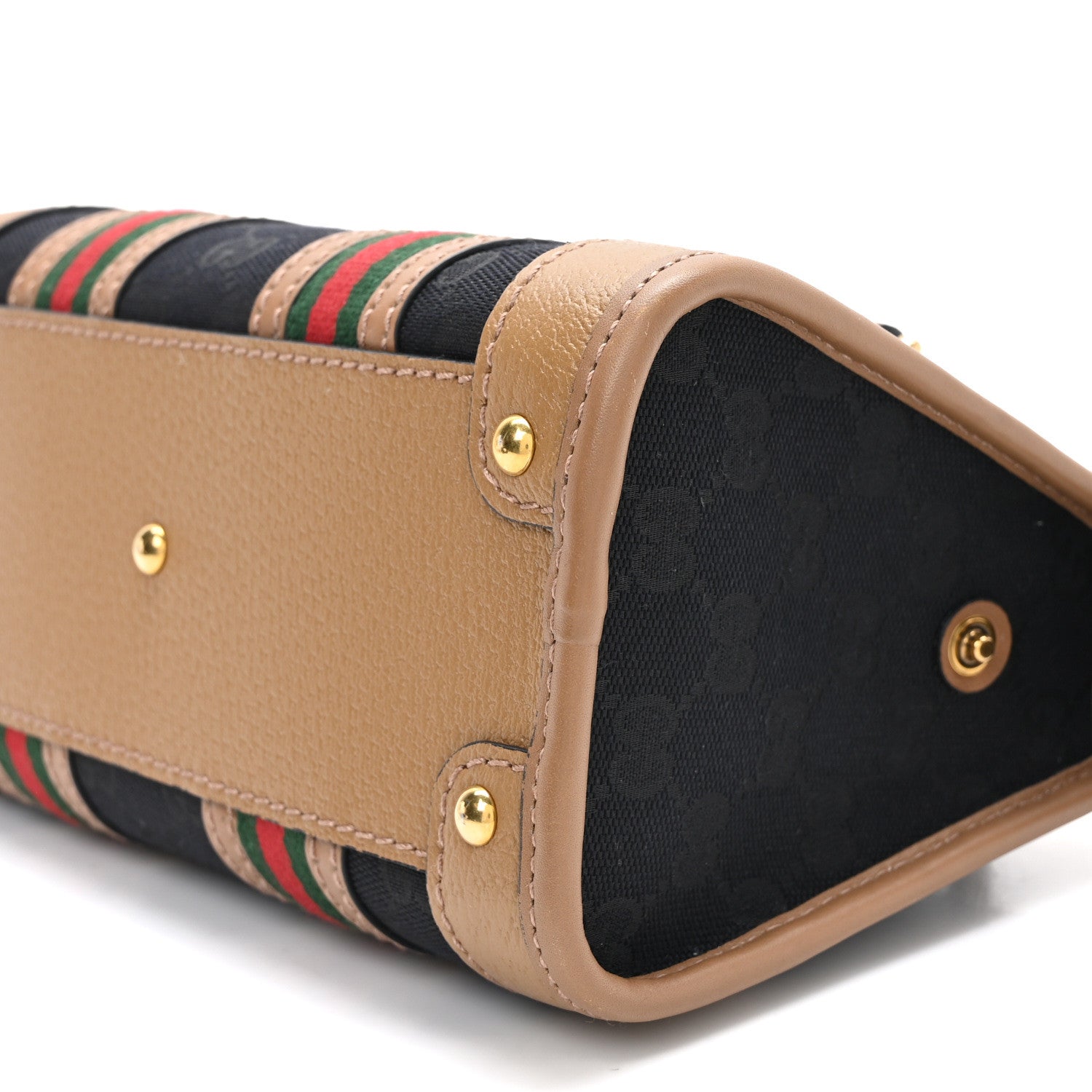Gucci Monogram Textured Dollar Calfskin Web Mini Bauletto Duffle Top Handle Bag Black Koi Beige 11 of 11