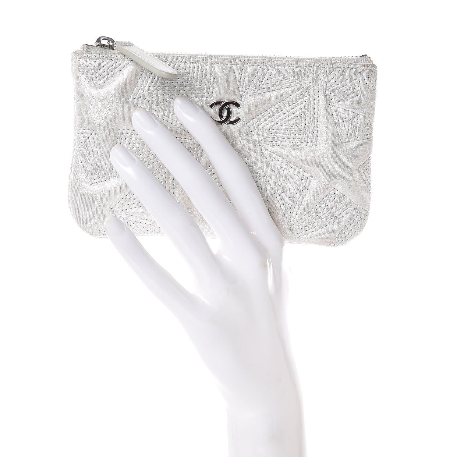 Chanel Metallic Lambskin Star Embossed Coin Purse Case Light Silver 2 of 13