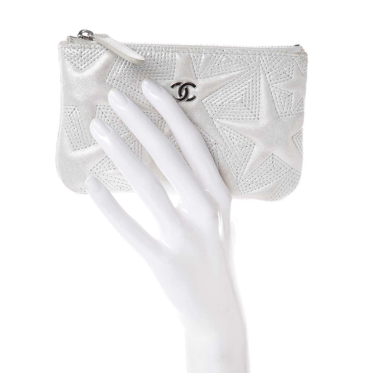 Metallic Lambskin Star Embossed Coin Purse Case Light Silver