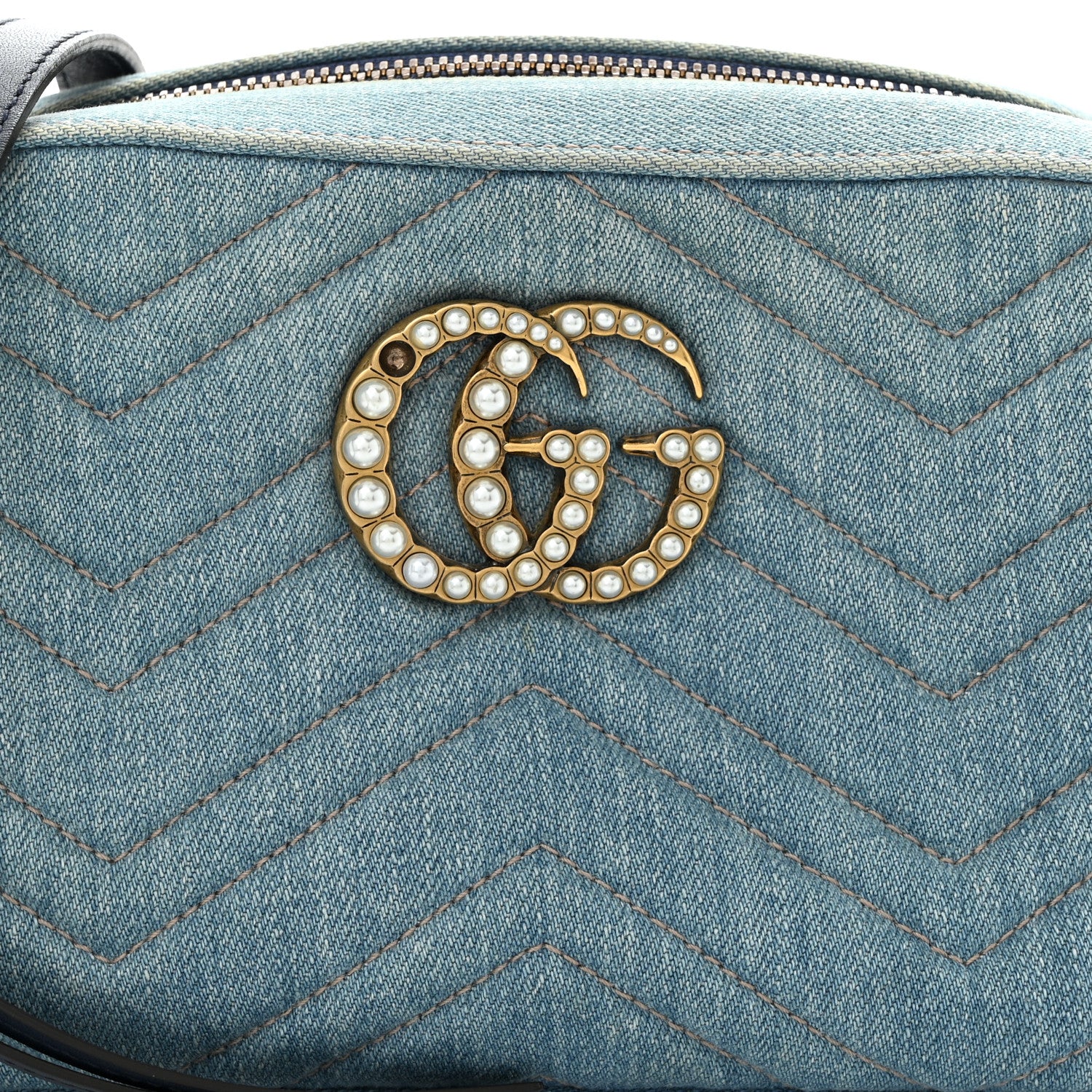 Gucci Denim Matelasse Small Pearly GG Marmont Chain Shoulder Bag Blue 8 of 11