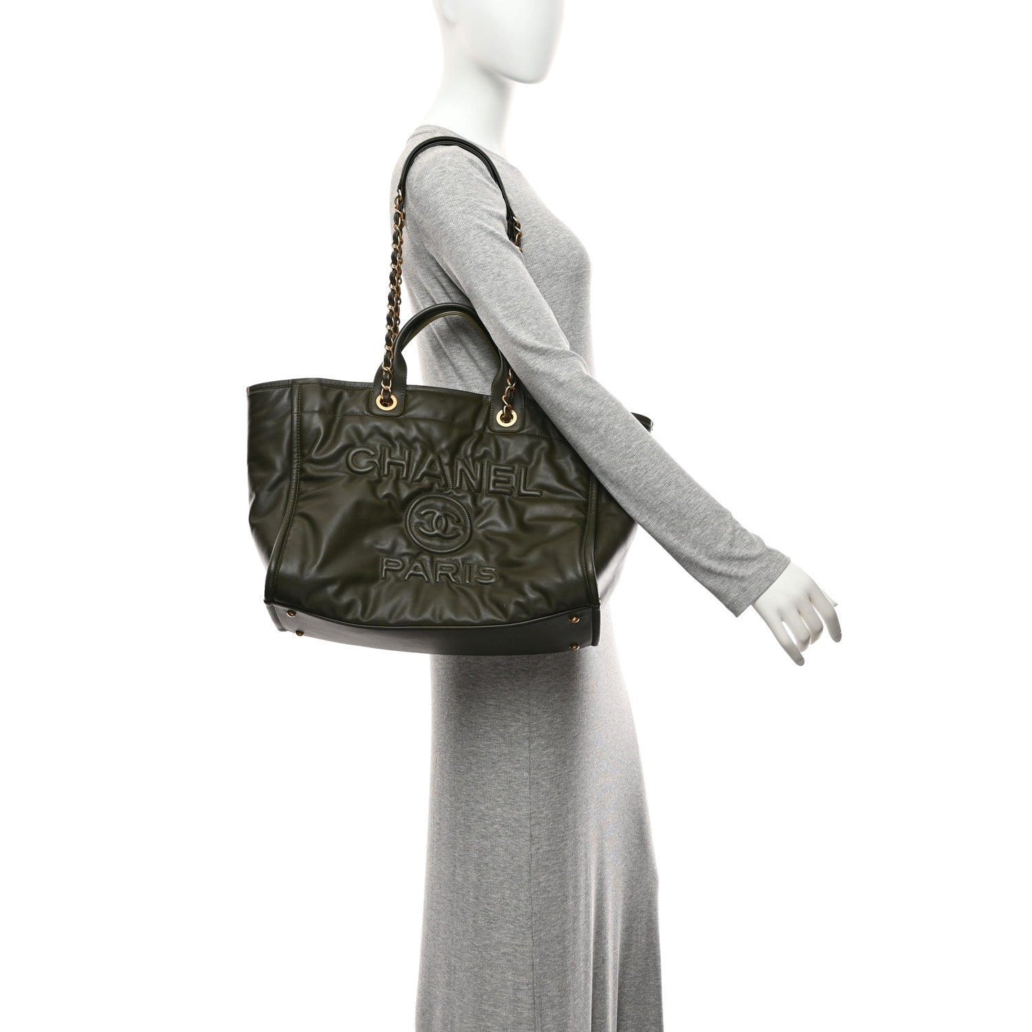 Chanel Calfskin Embossed Medium Deauville Tote Khaki 2 of 13