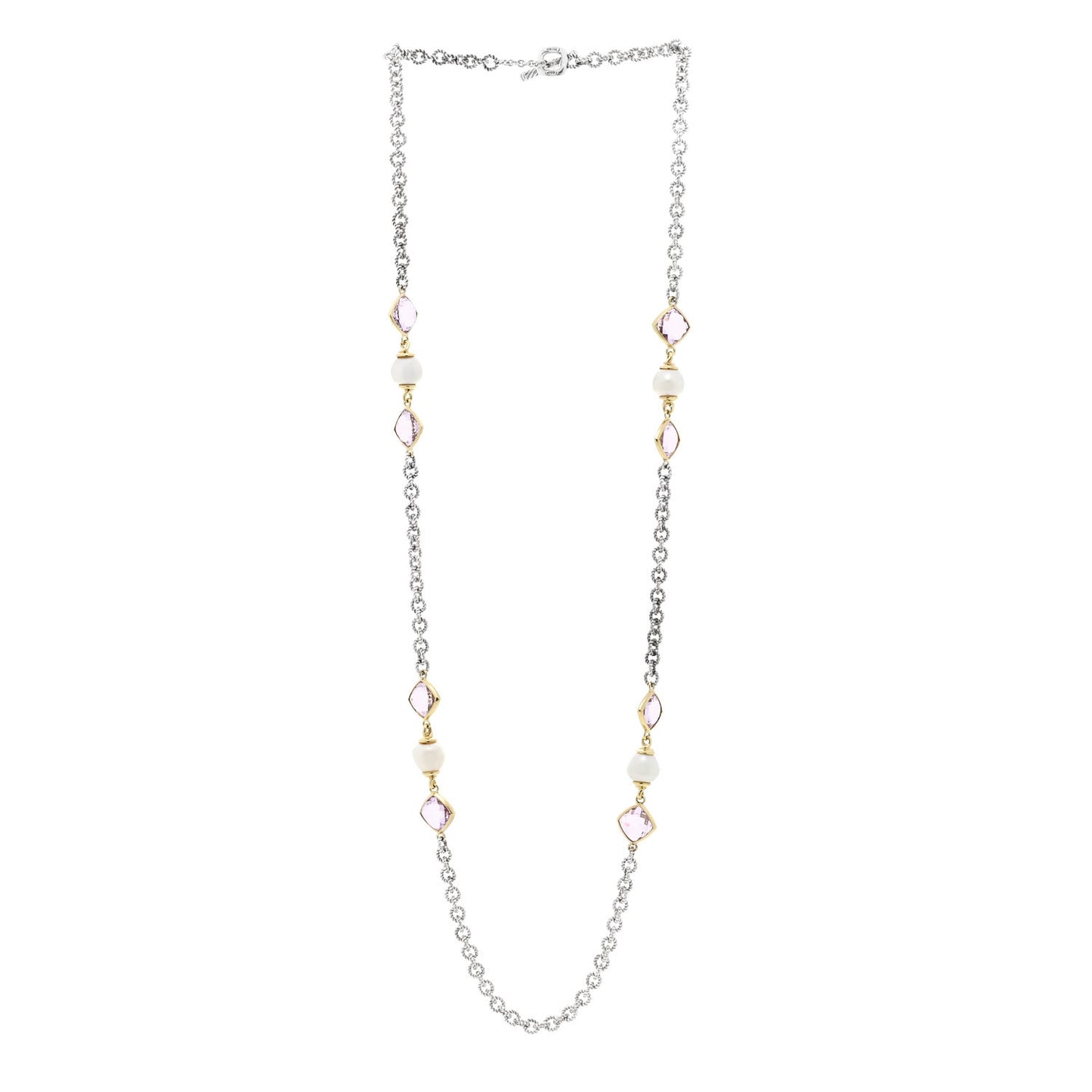 Sterling Silver 18K Yellow Gold Amethyst Cultured Pearl Figaro Chain Necklace
