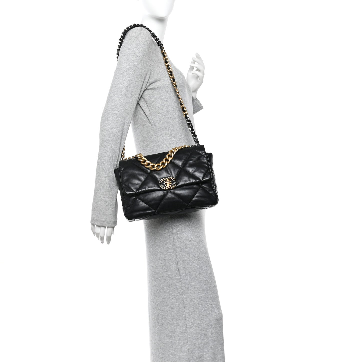 Shiny Goatskin Quilted Large Chanel 19 Flap Black