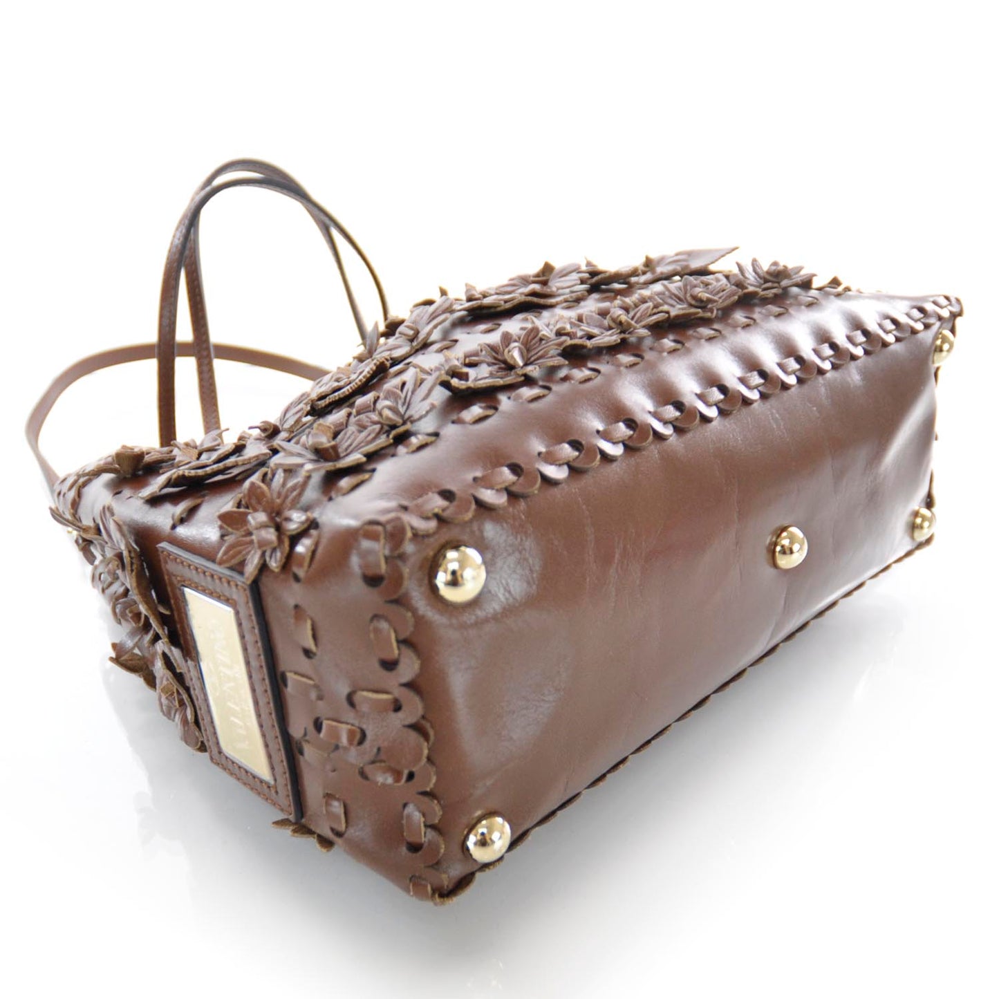 Calfskin Punched Lace Floral Tote Cognac