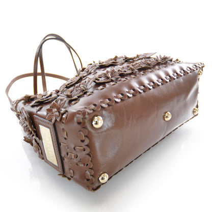 Valentino Garavani Calfskin Punched Lace Floral Tote Cognac 4 of 8