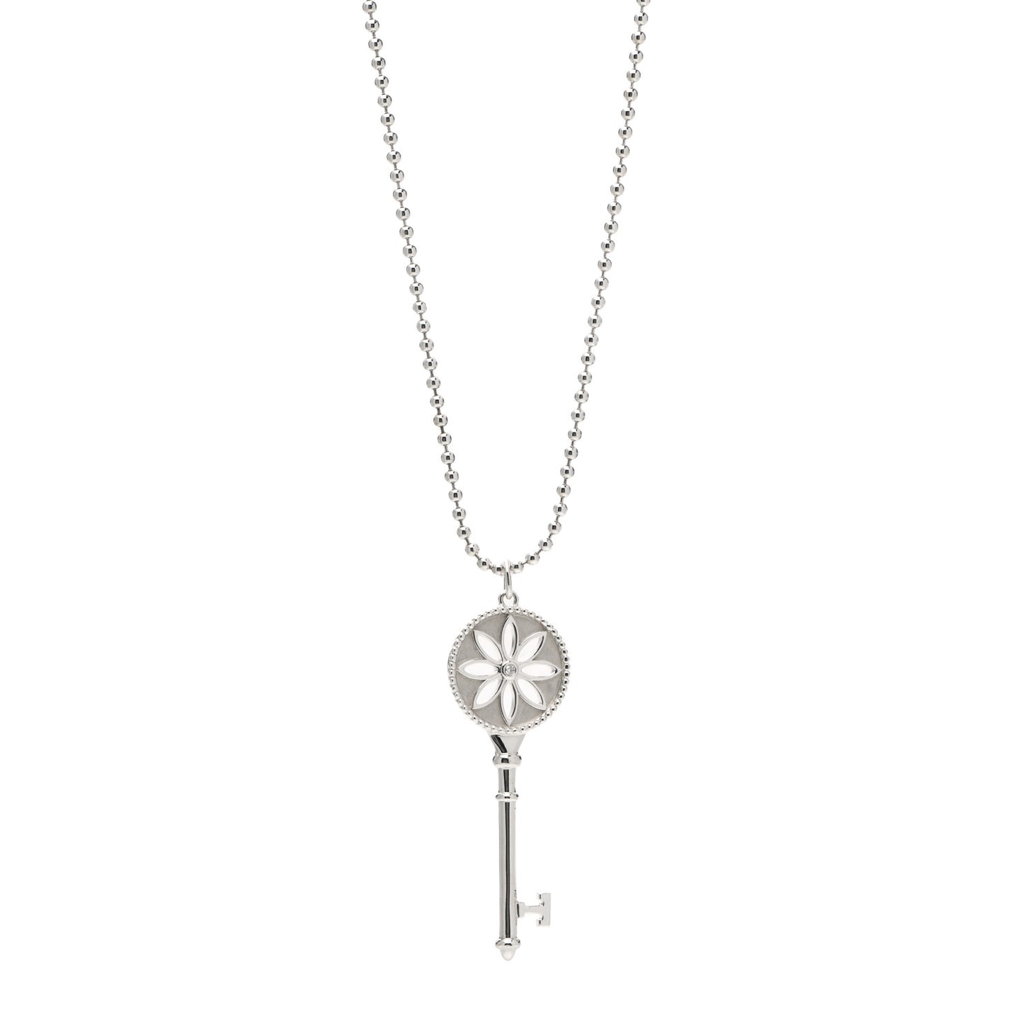 Sterling Silver Diamond Large Daisy Key Pendant Link Necklace