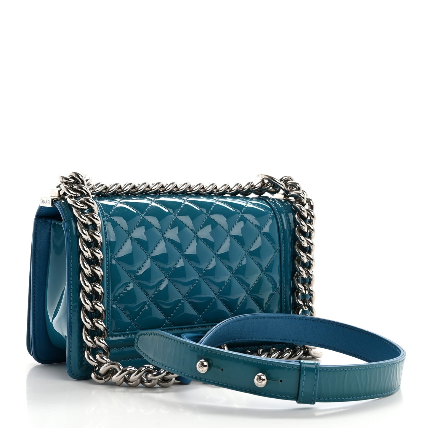 Patent Calfskin Quilted Small Plexiglass Boy Flap Blue