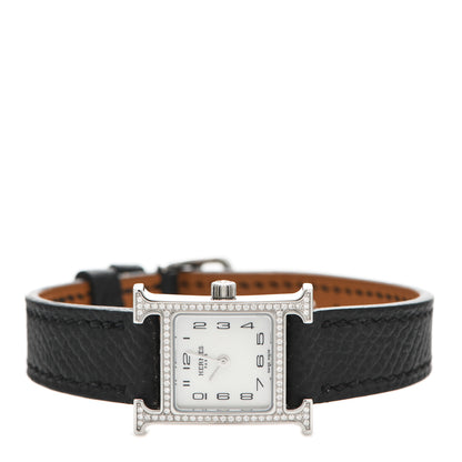 Hermes Stainless Steel Epsom Diamond Bezel Mother of Pearl 17.2mm Heure H Hour Quartz Watch Noir 2 of 5
