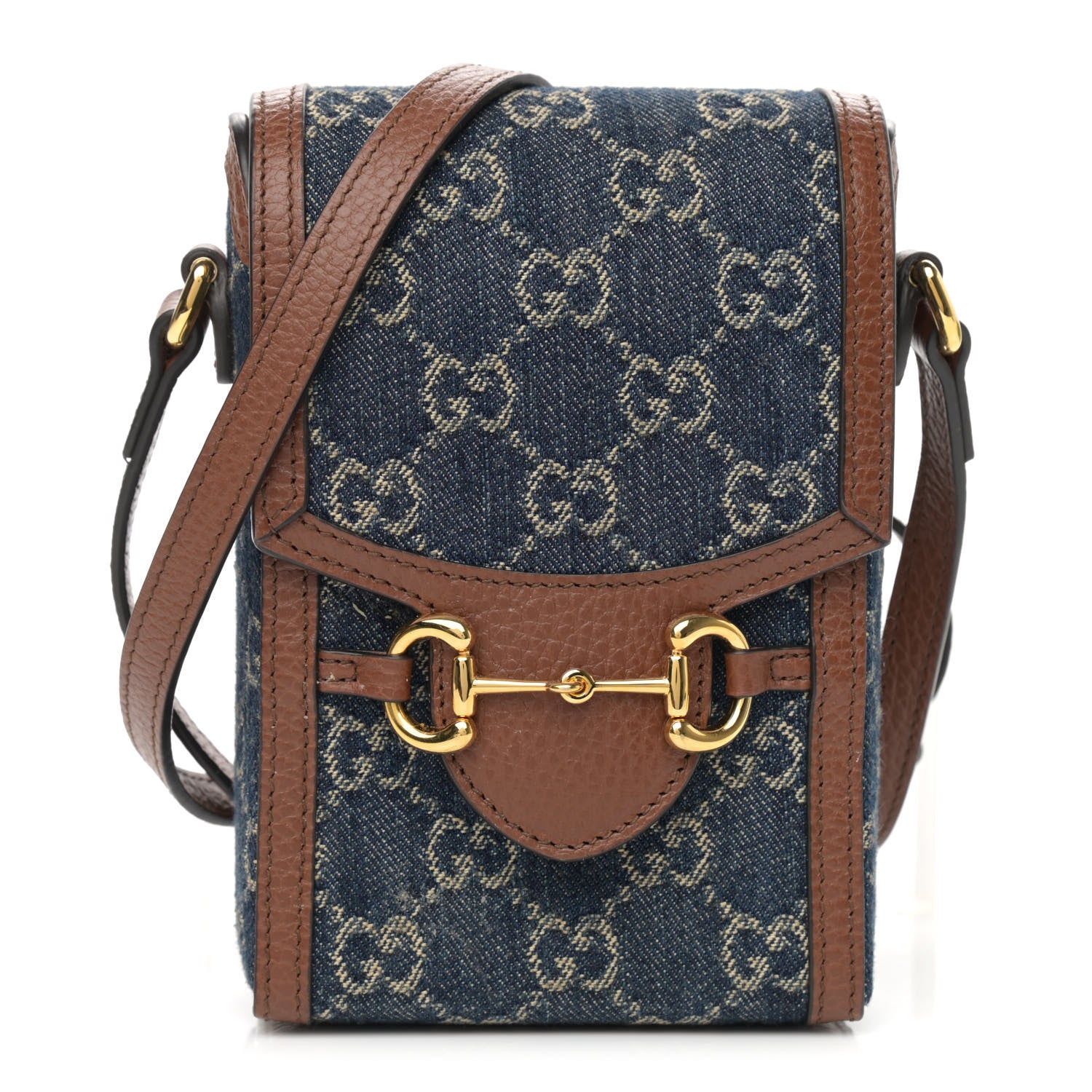 Gucci New Denim GG Monogram Dollar Calfskin Mini Horsebit 1955 Crossbody Bag Blue Tea Cuir Epilog 1 of 13
