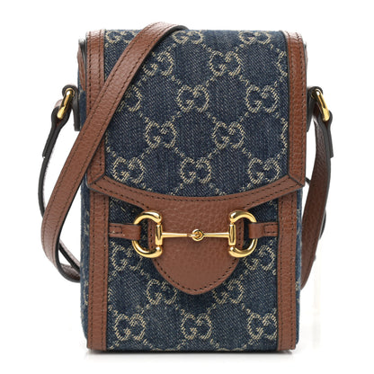 Gucci New Denim GG Monogram Dollar Calfskin Mini Horsebit 1955 Crossbody Bag Blue Tea Cuir Epilog 1 of 13