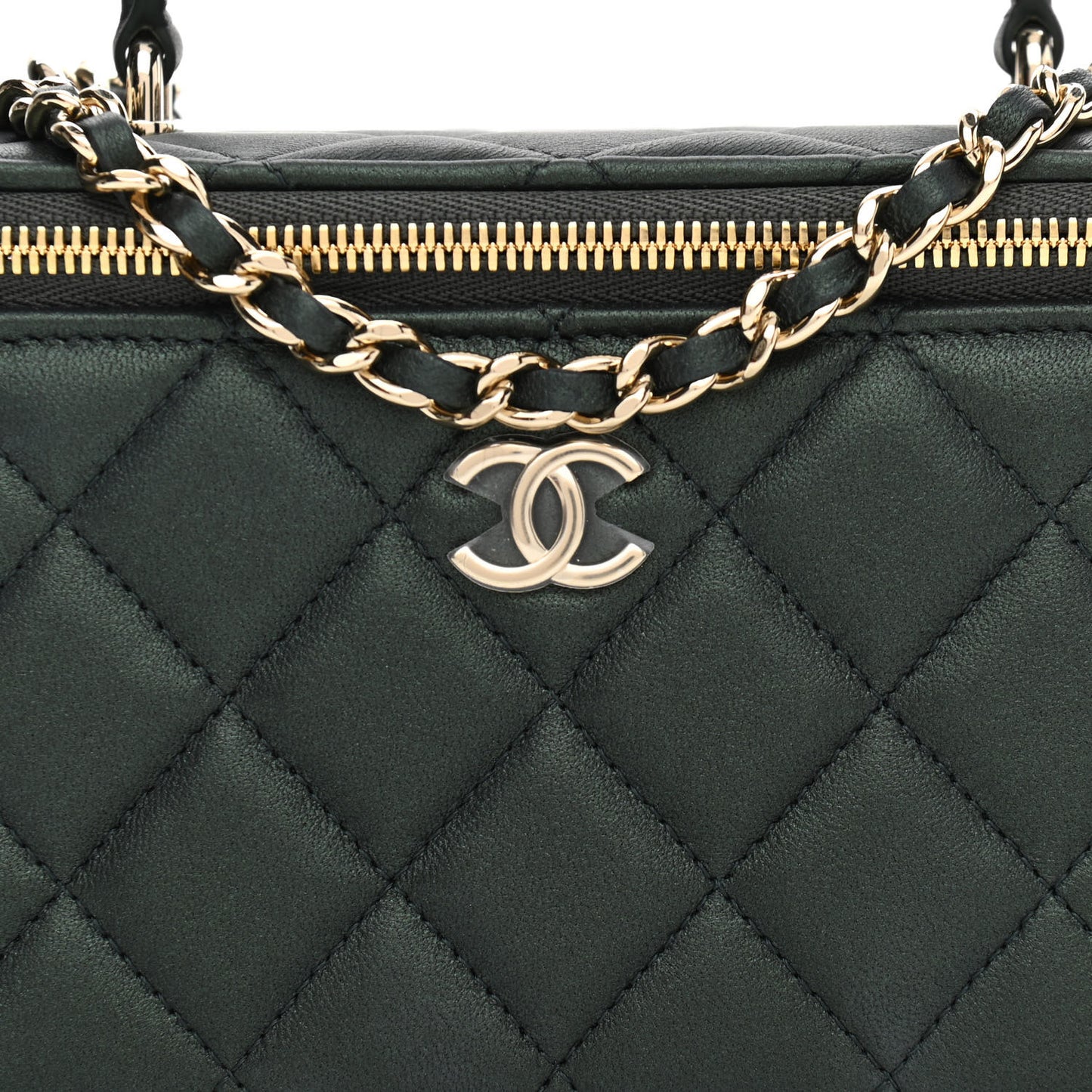 Iridescent Lambskin Quilted Small Top Handle Vanity Case With Chain Dark Green
