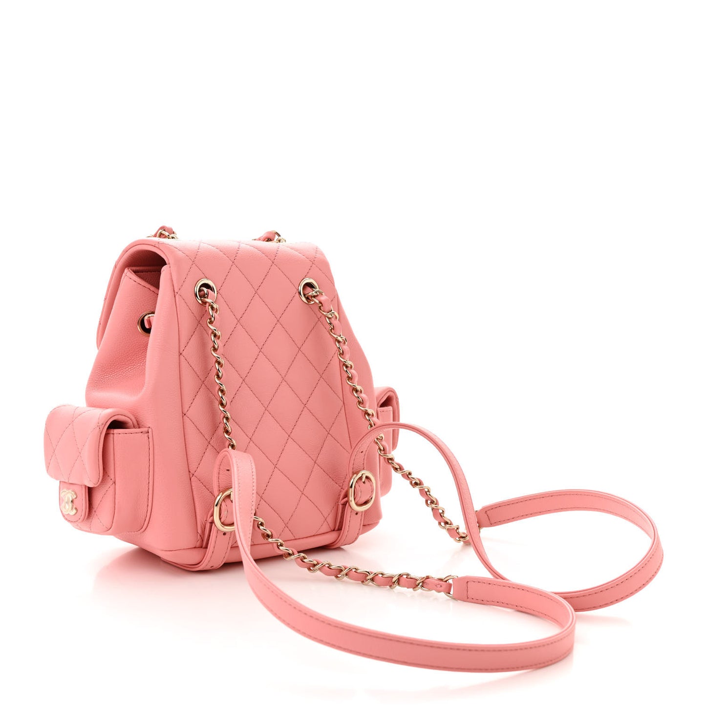 Shiny Caviar Quilted Small Pockets Drawstring Backpack Pink