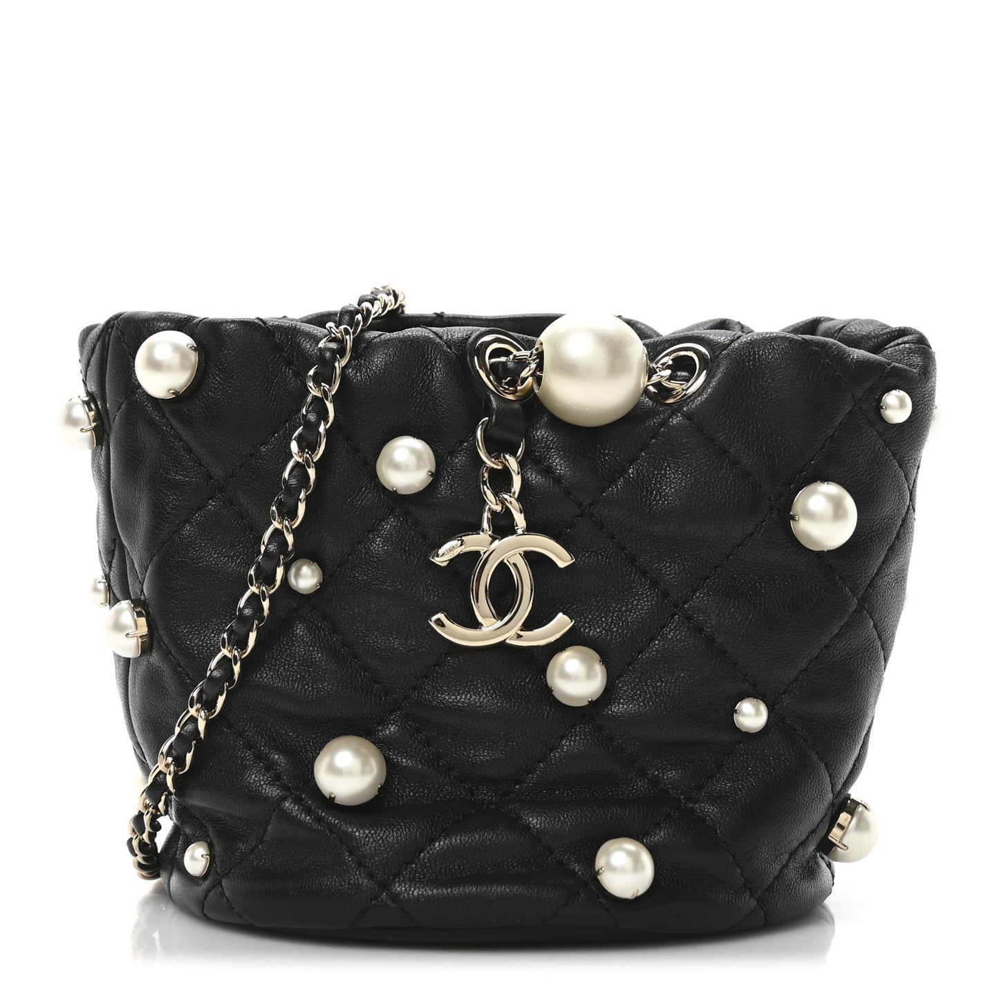 Lambskin Quilted Pearl Mini About Pearls Drawstring Bag Black