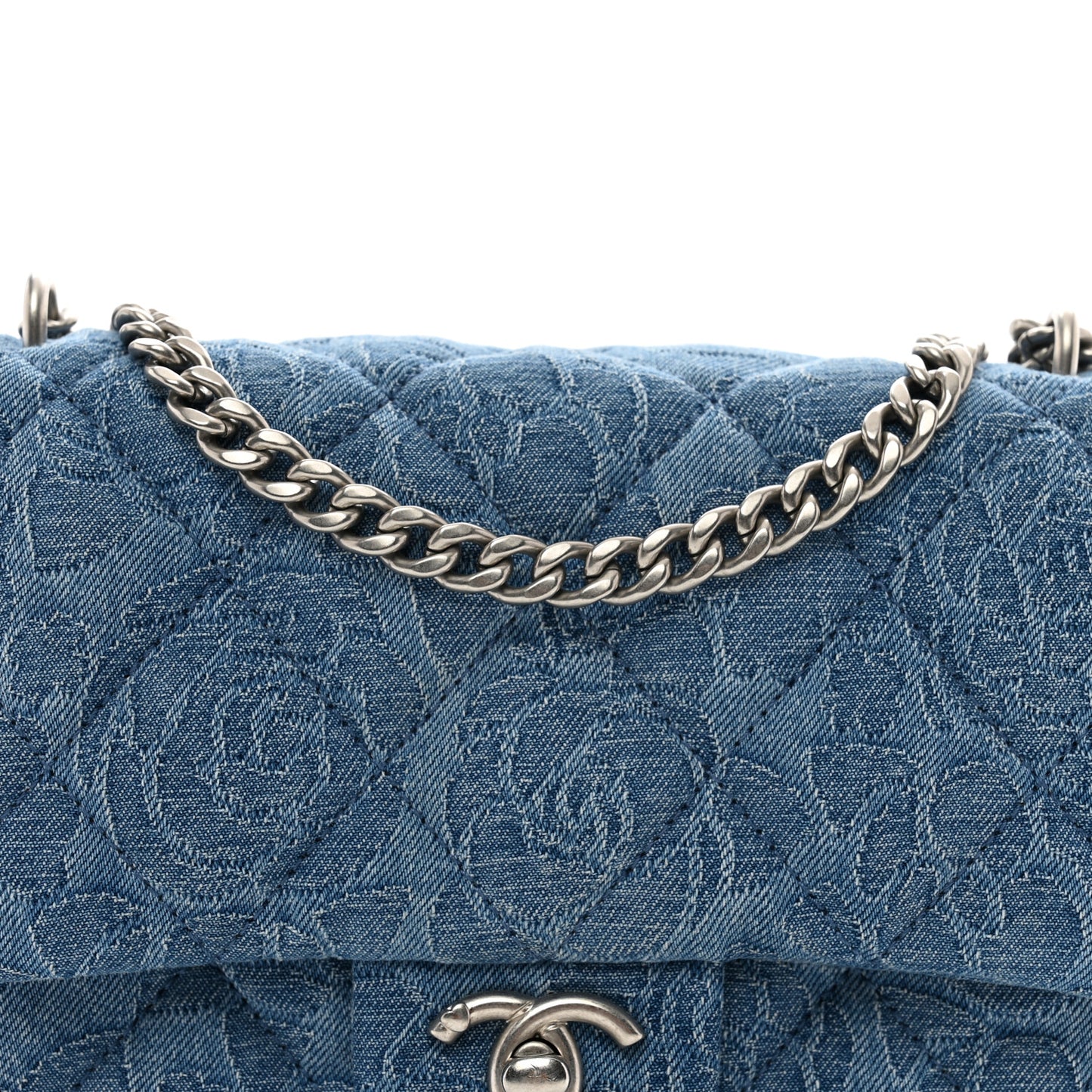 Denim Quilted Camellia Sweetheart Mini Flap Blue
