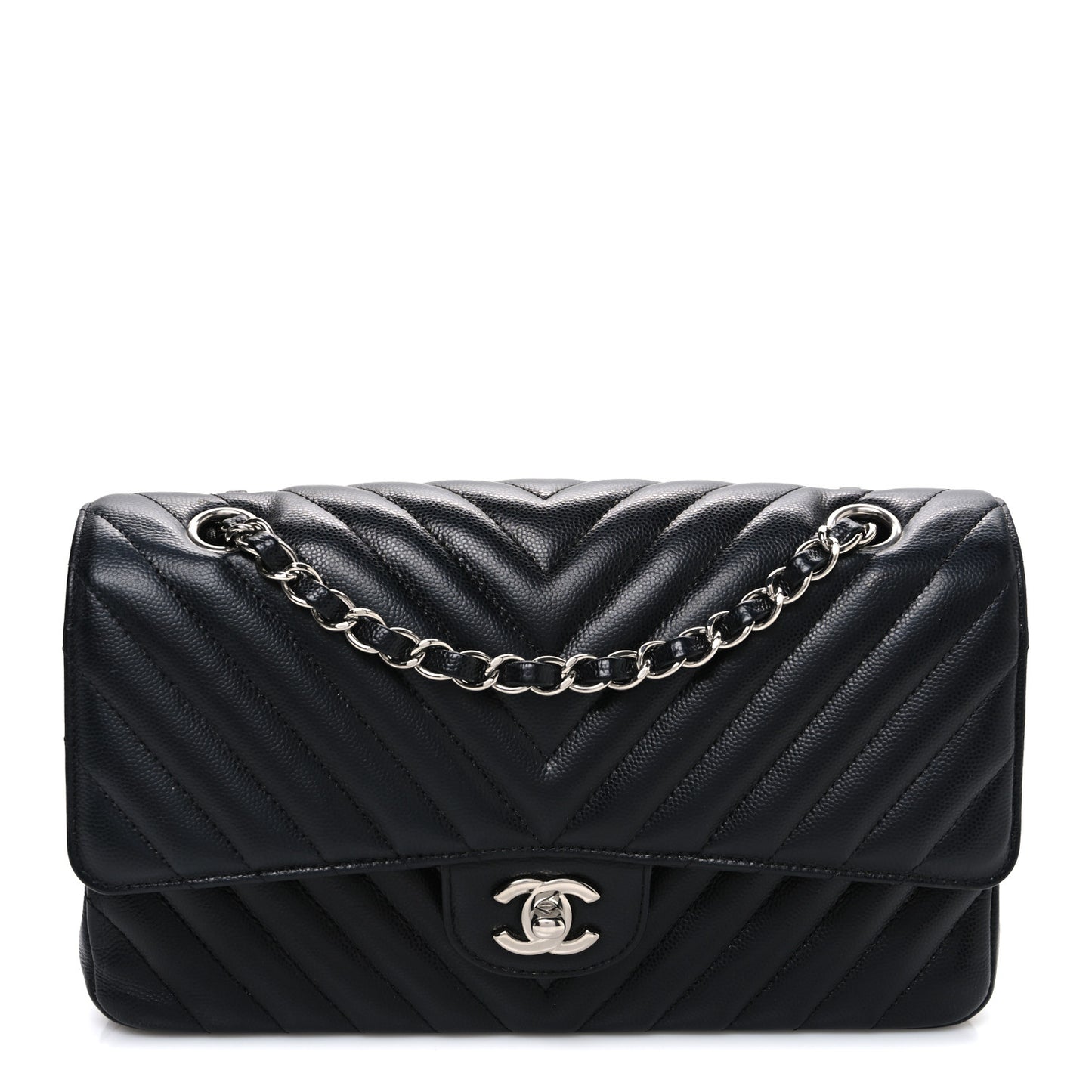 Caviar Chevron Quilted Medium Double Flap Black