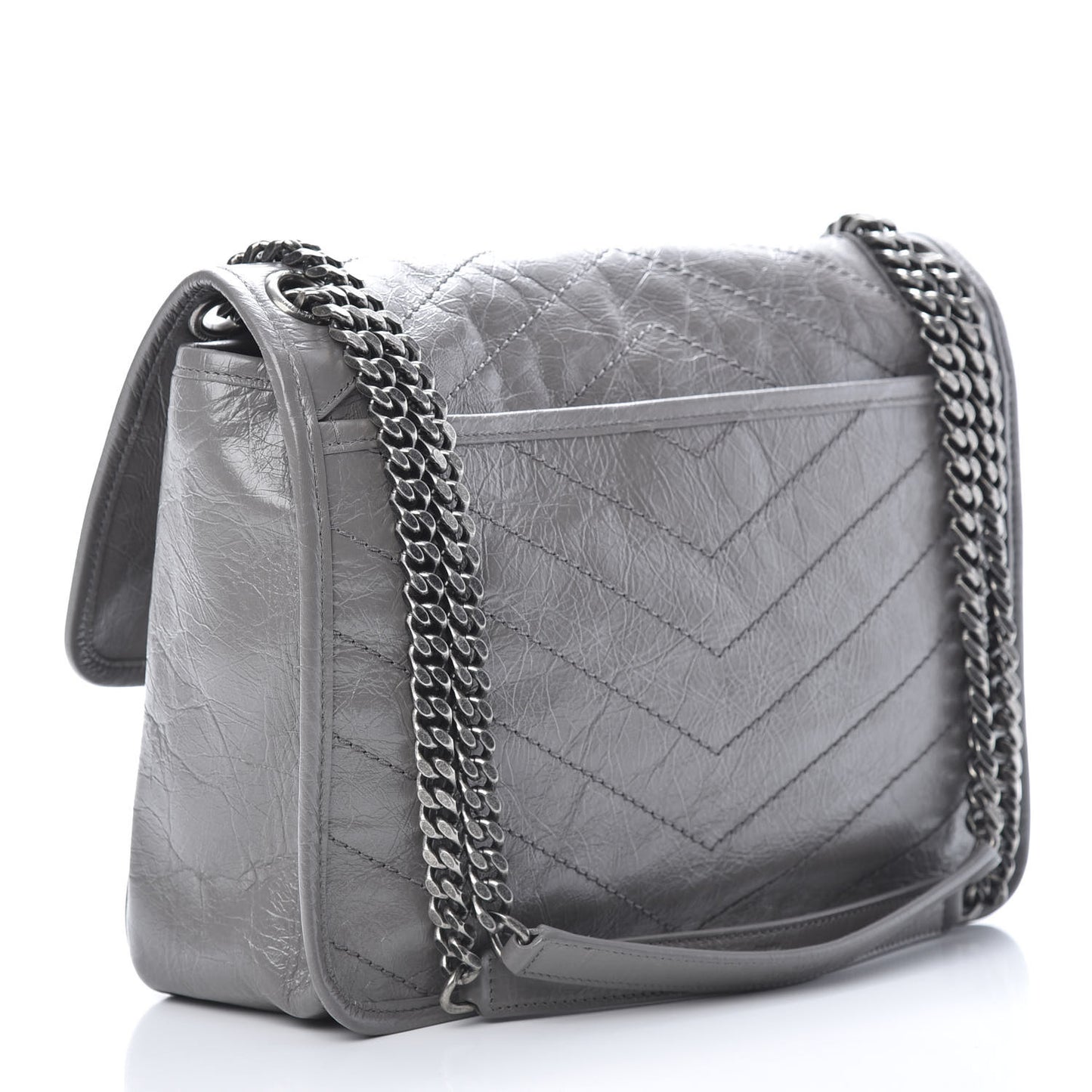 Crinkled Calfskin Matelasse Monogram Medium Niki Chain Satchel Light Gray
