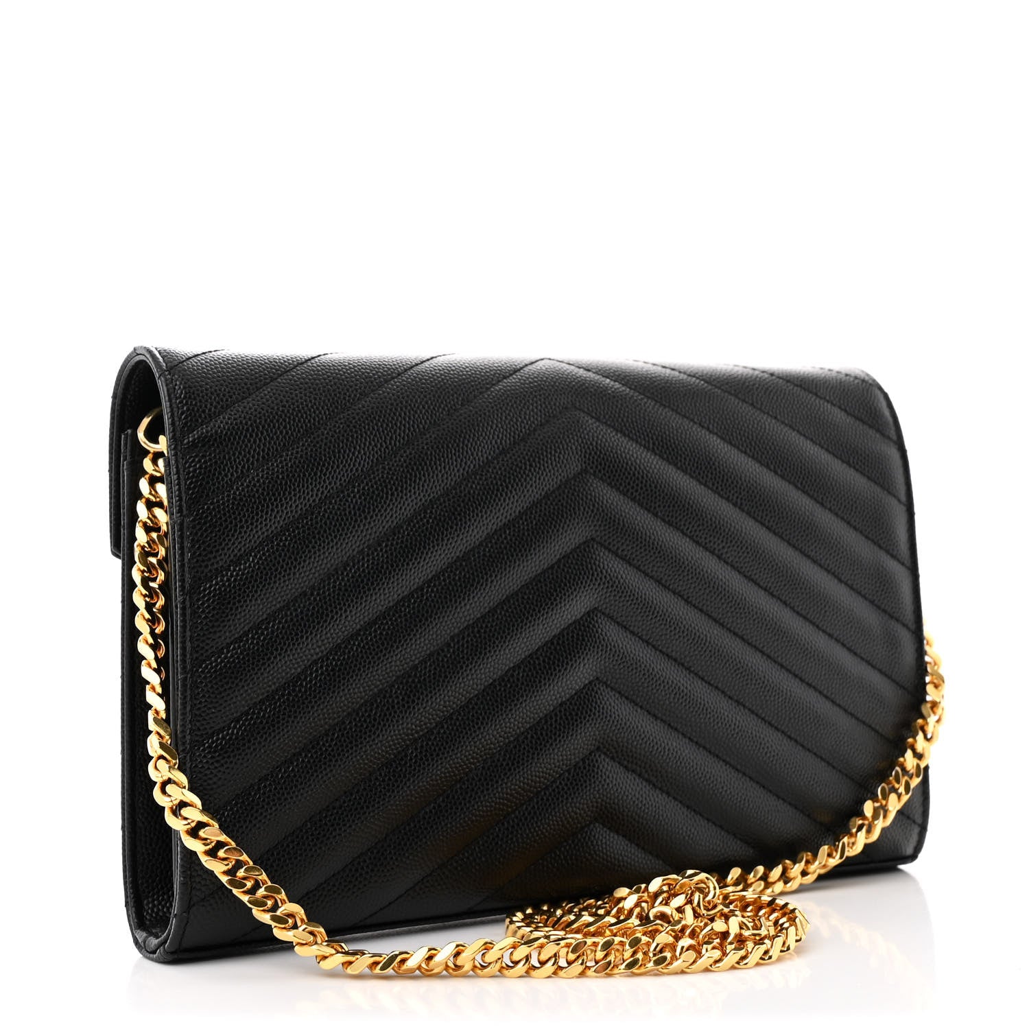 Saint Laurent Grain De Poudre Matelasse Chevron Monogram Chain Wallet Black 3 of 12