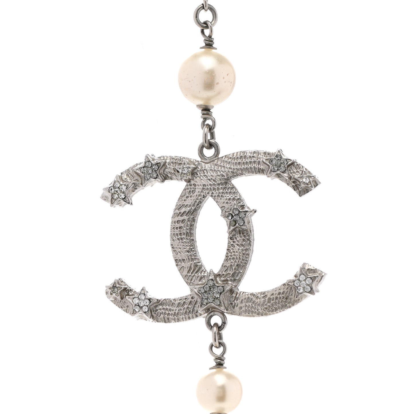 Pearl Beaded Star CC Long Necklace Silver