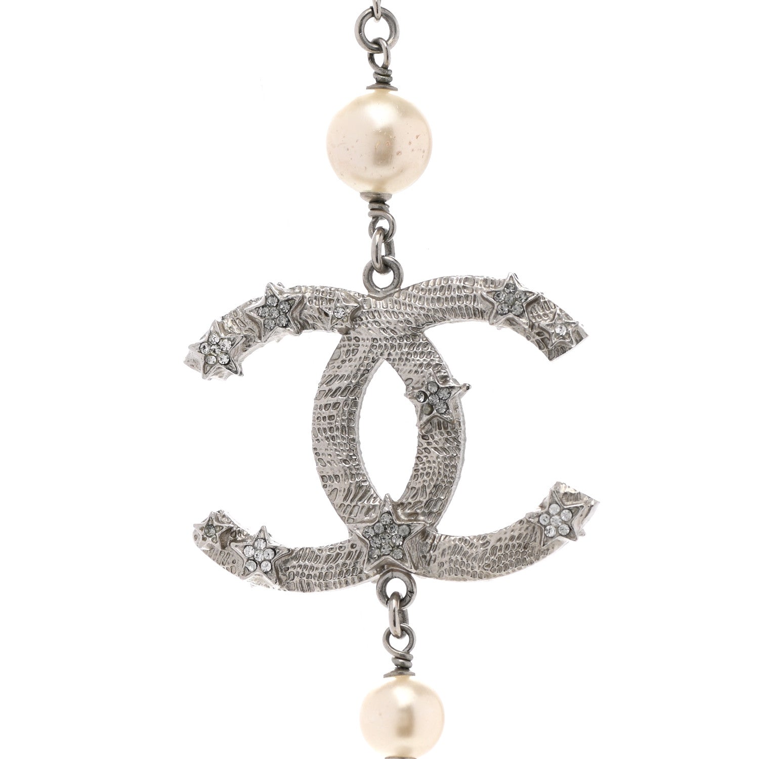 Chanel Pearl Beaded Star CC Long Necklace Silver 6 of 6