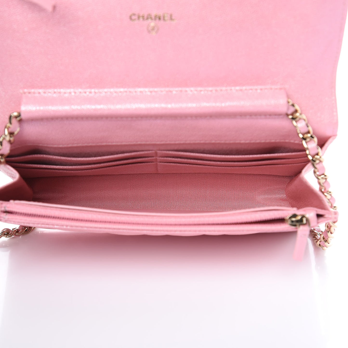 Iridescent Caviar Quilted Wallet on Chain WOC Rose Pink