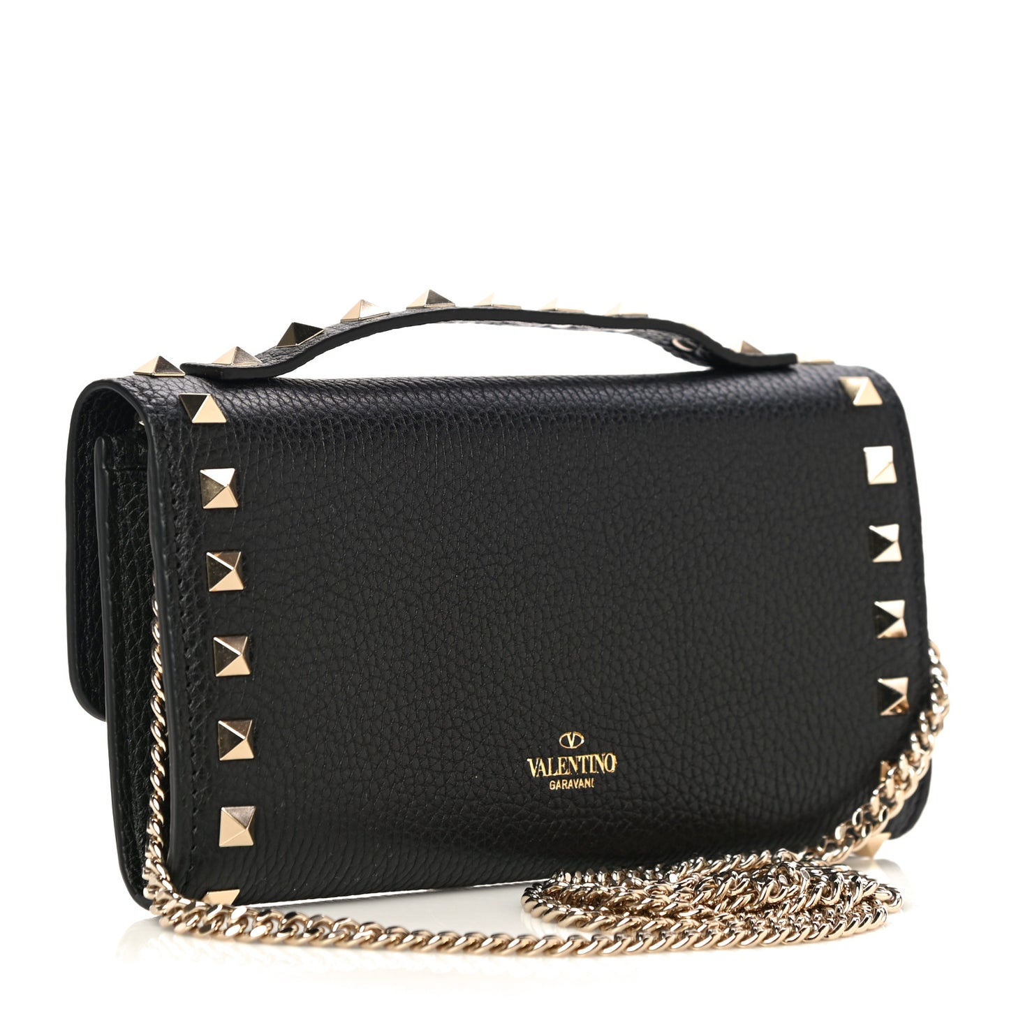 Pebbled Calfskin Rockstud Flip Lock Wallet On Chain Black
