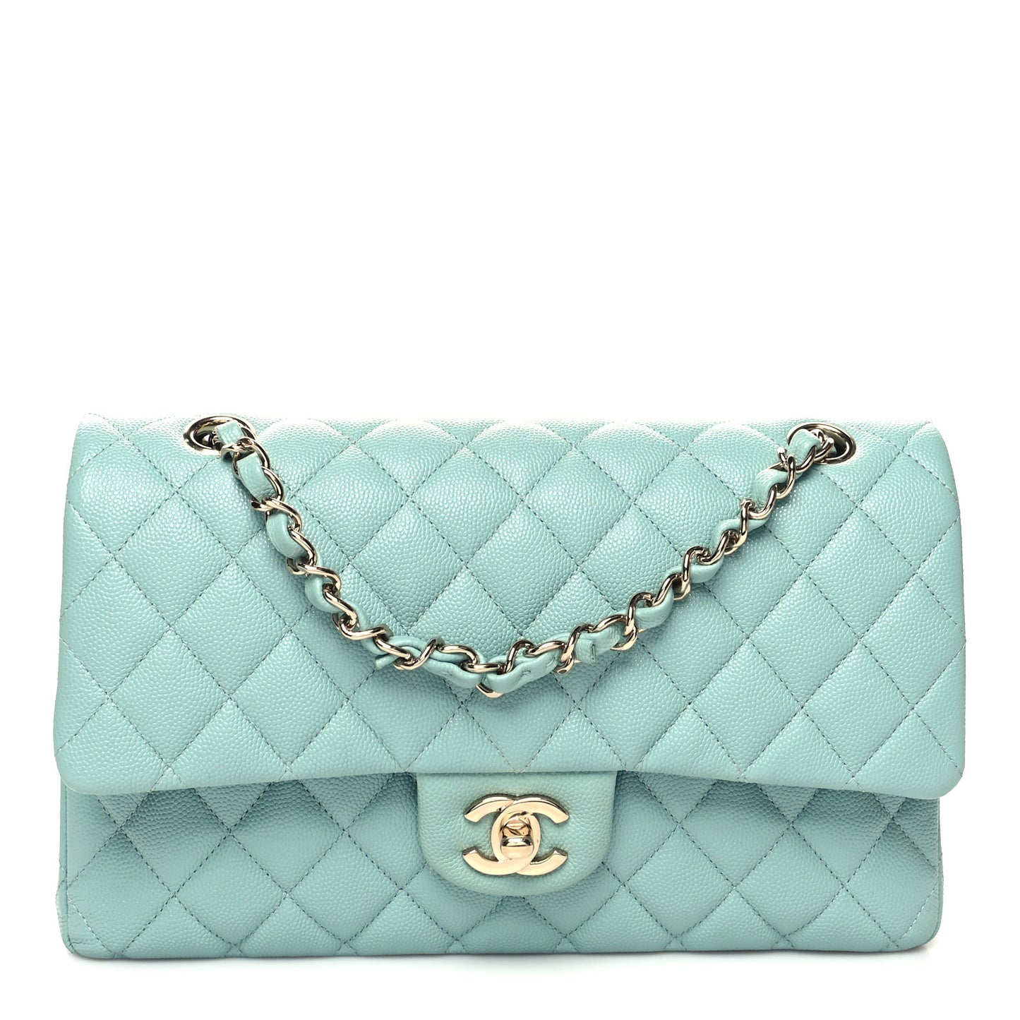 Caviar Quilted Medium Double Flap Light Blue