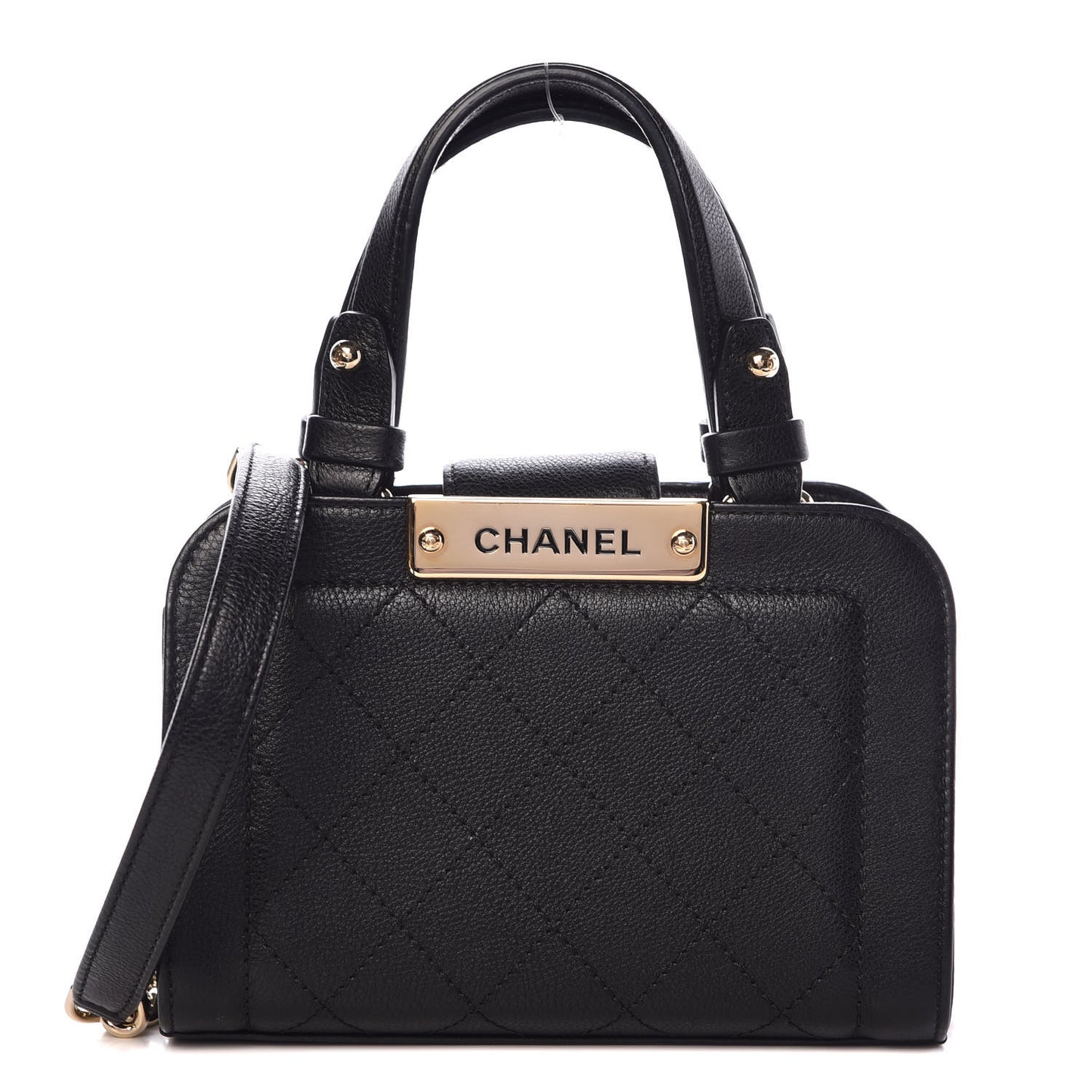 Grained Calfskin Stitched Mini Label Click Shopper Tote Black