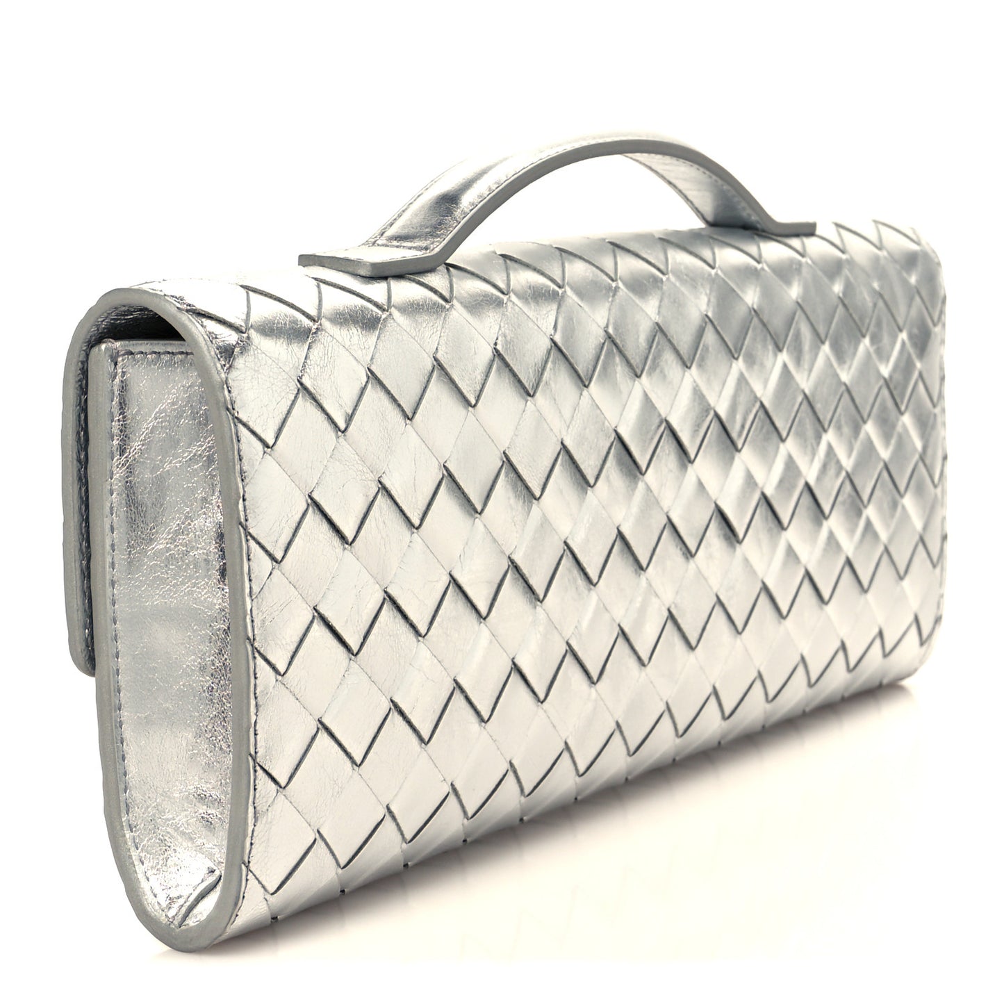 Metallic Lambskin Intrecciato Long Andiamo Top Handle Clutch Silver