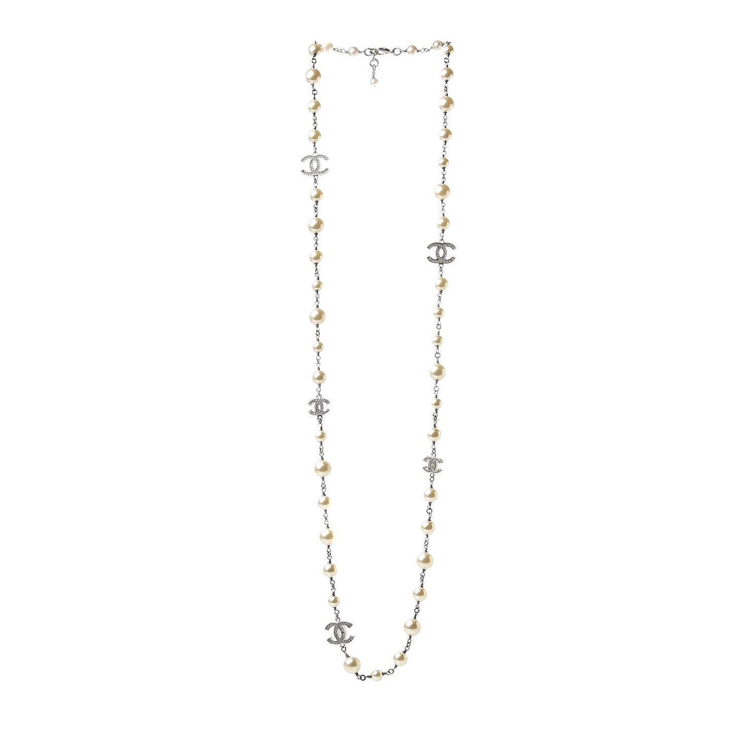 Crystal Pearl CC Long Necklace Silver