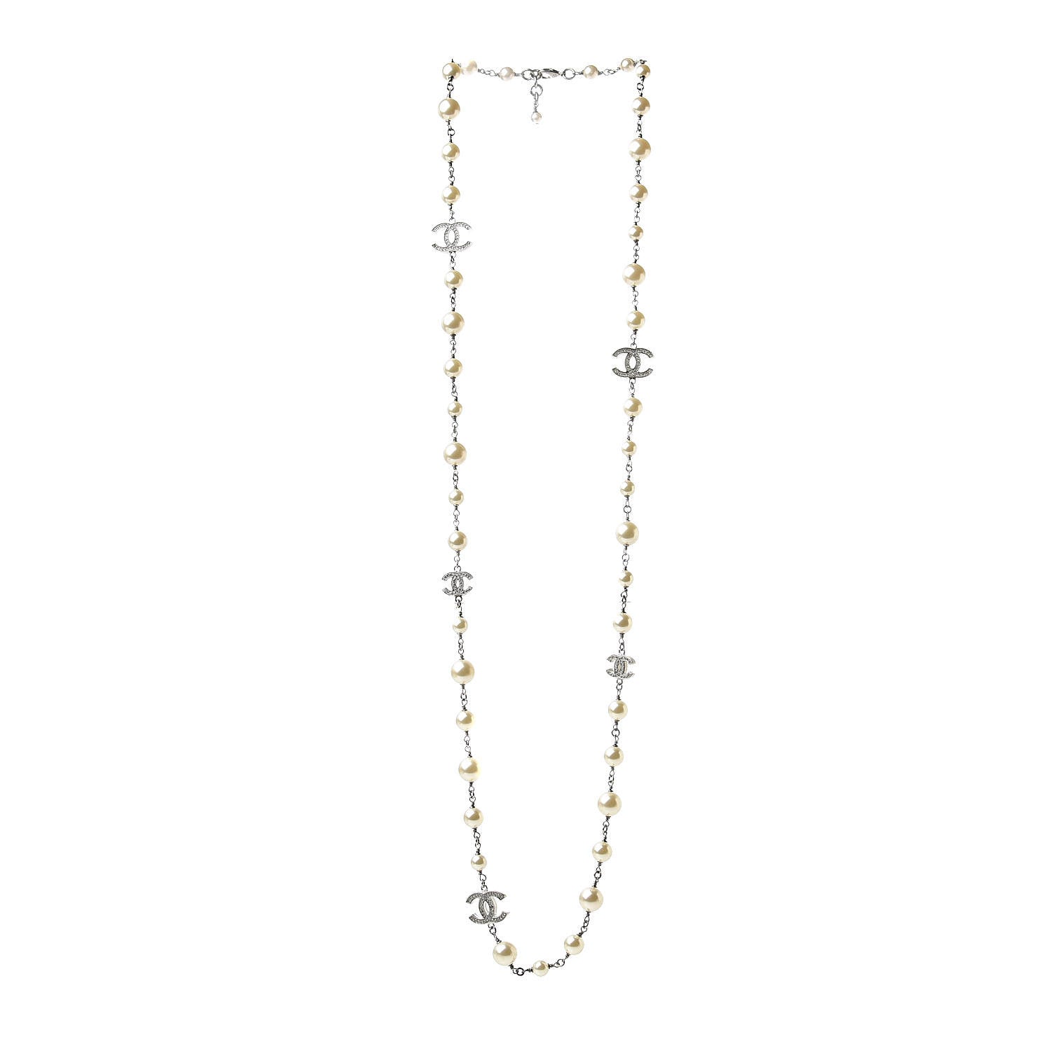 Chanel Crystal Pearl CC Long Necklace Silver 3 of 6