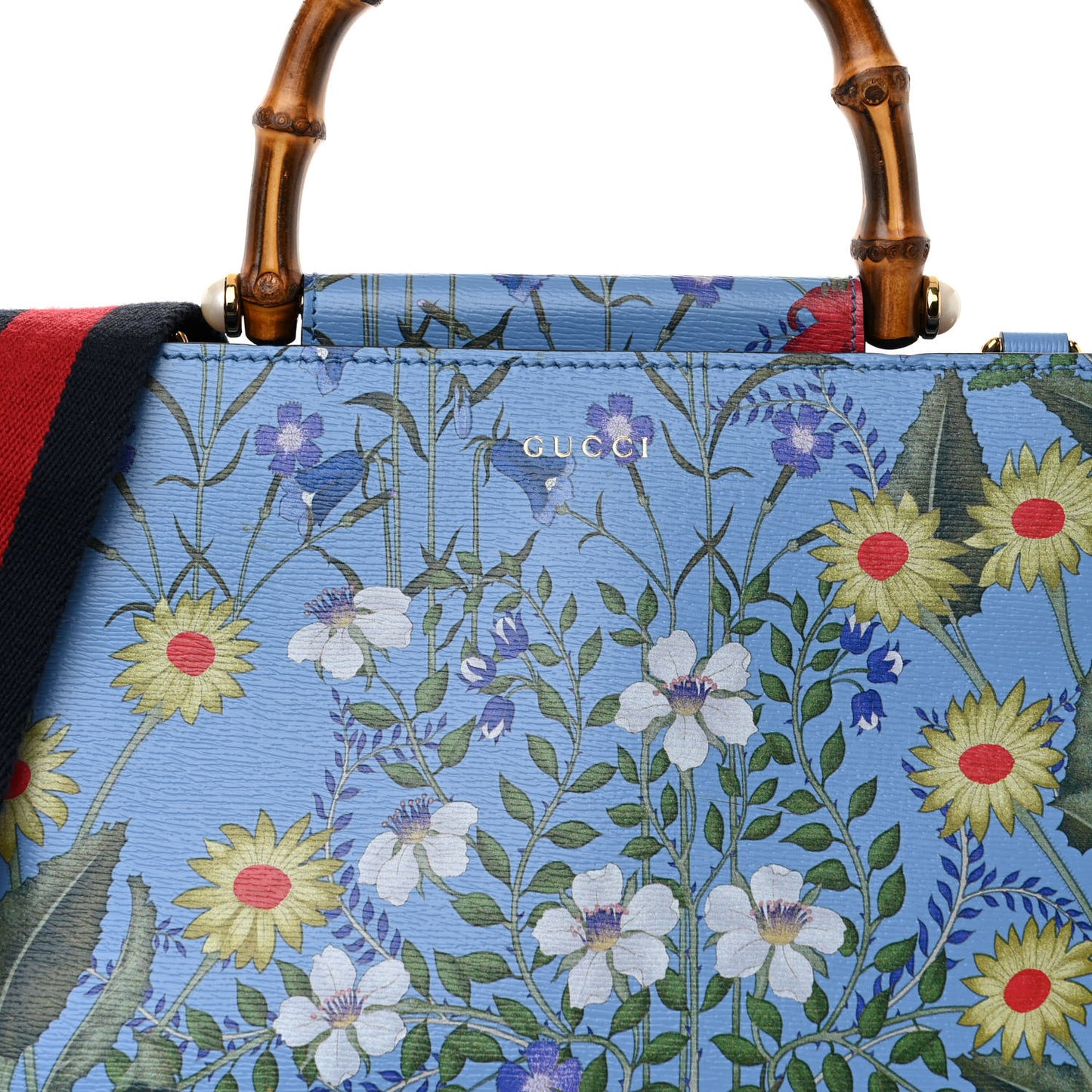 Calfskin Bamboo Web New Flora Small Nymphaea Top Handle Bag Azure