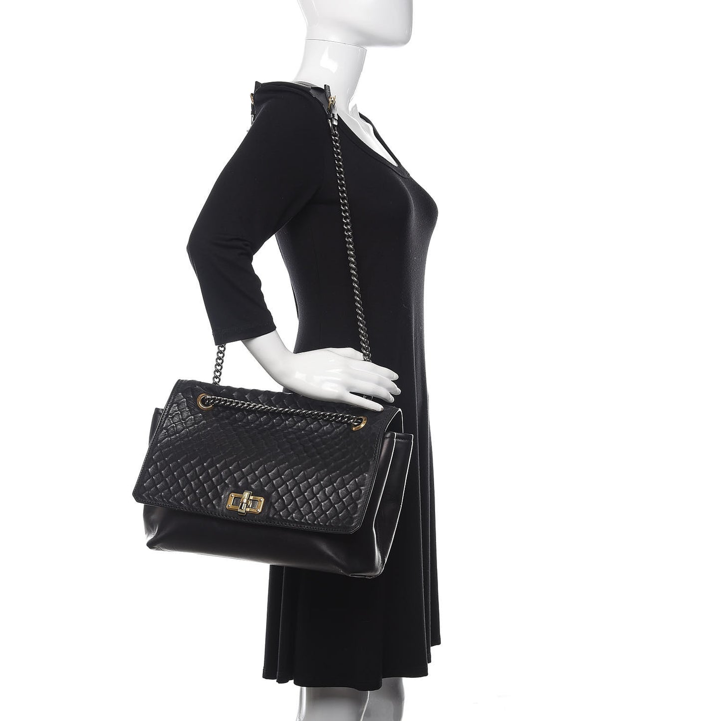 Hammered Calfskin Large Happy Edgy Shoulder Bag Black