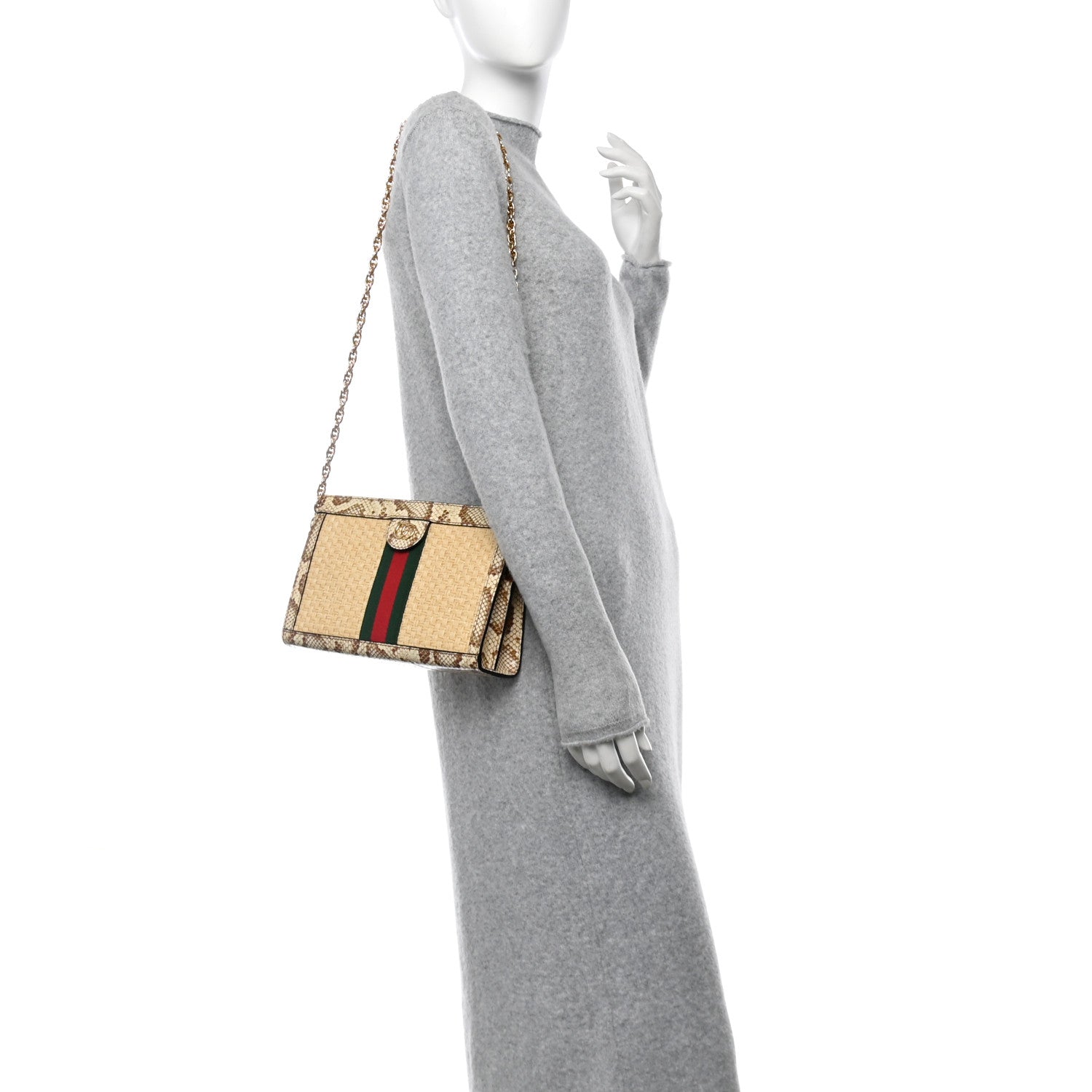 Gucci Raffia Elaphe GG Small Ophidia Chain Shoulder Bag Natural Cream Brown 2 of 10