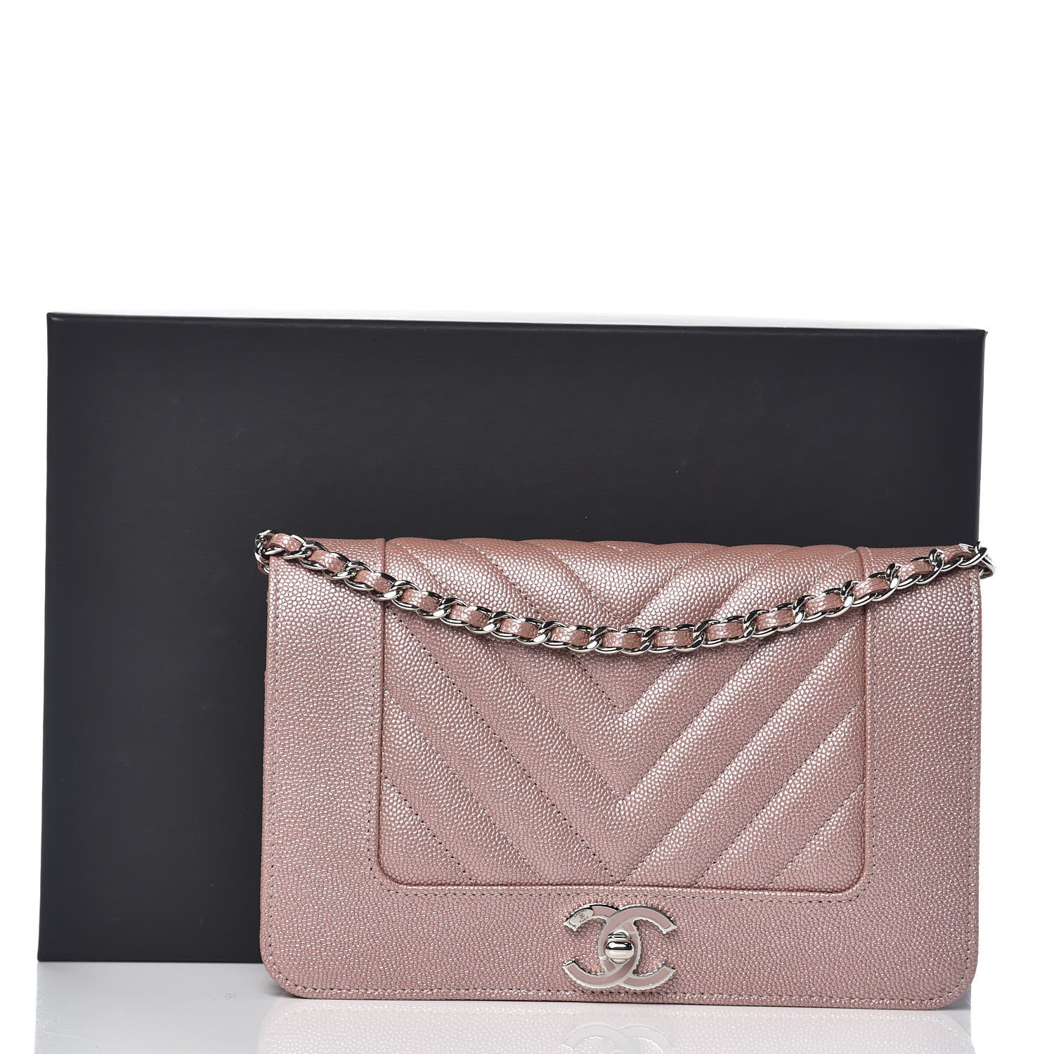 Chanel Metallic Caviar Chevron Quilted Vintage Mademoiselle Wallet On Chain WOC Pink 9 of 9