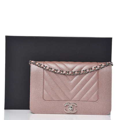 Chanel Metallic Caviar Chevron Quilted Vintage Mademoiselle Wallet On Chain WOC Pink 9 of 9