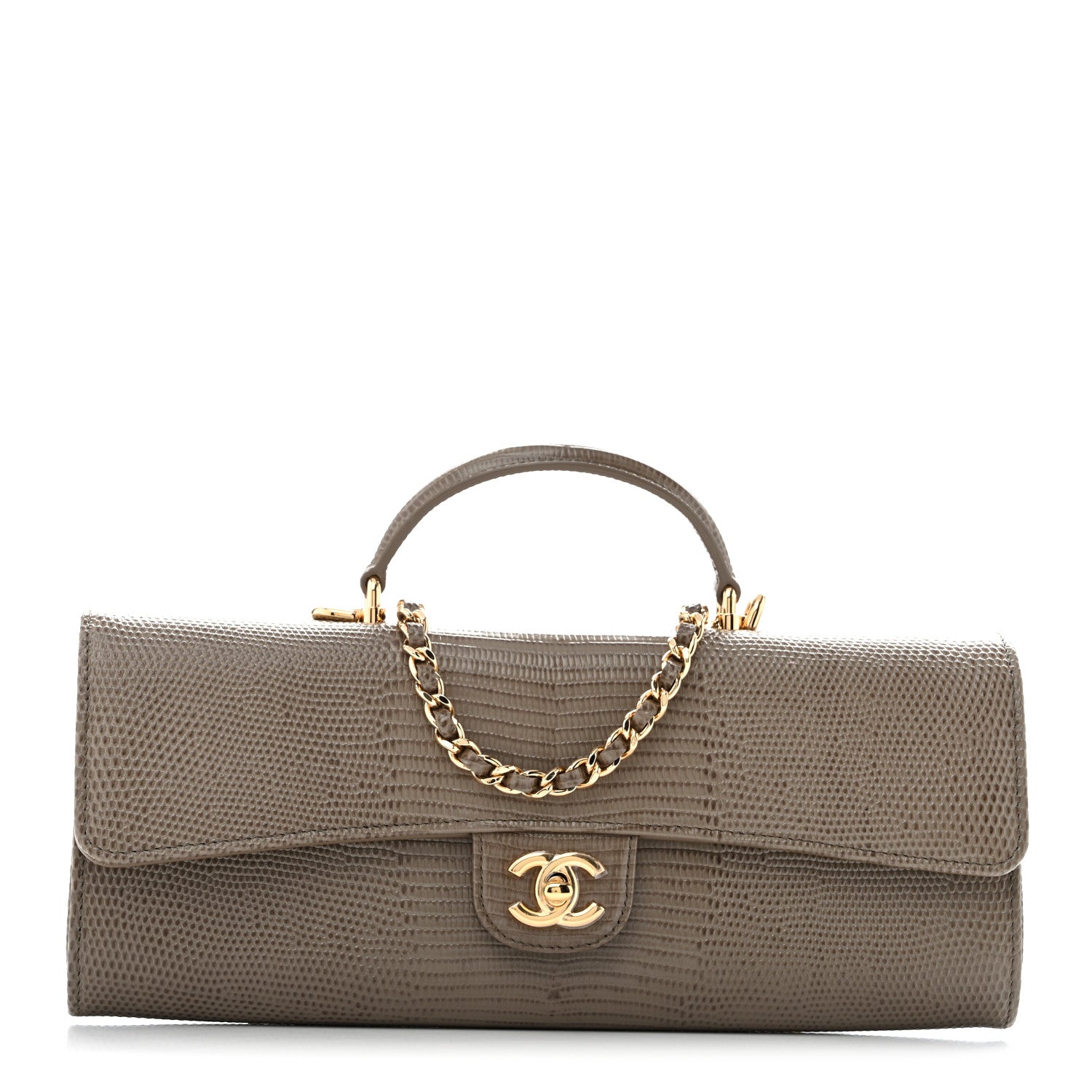 Chanel Calfskin Lizard Embossed Top Handle Long Clutch With Chain Dark Khaki 1 of 11
