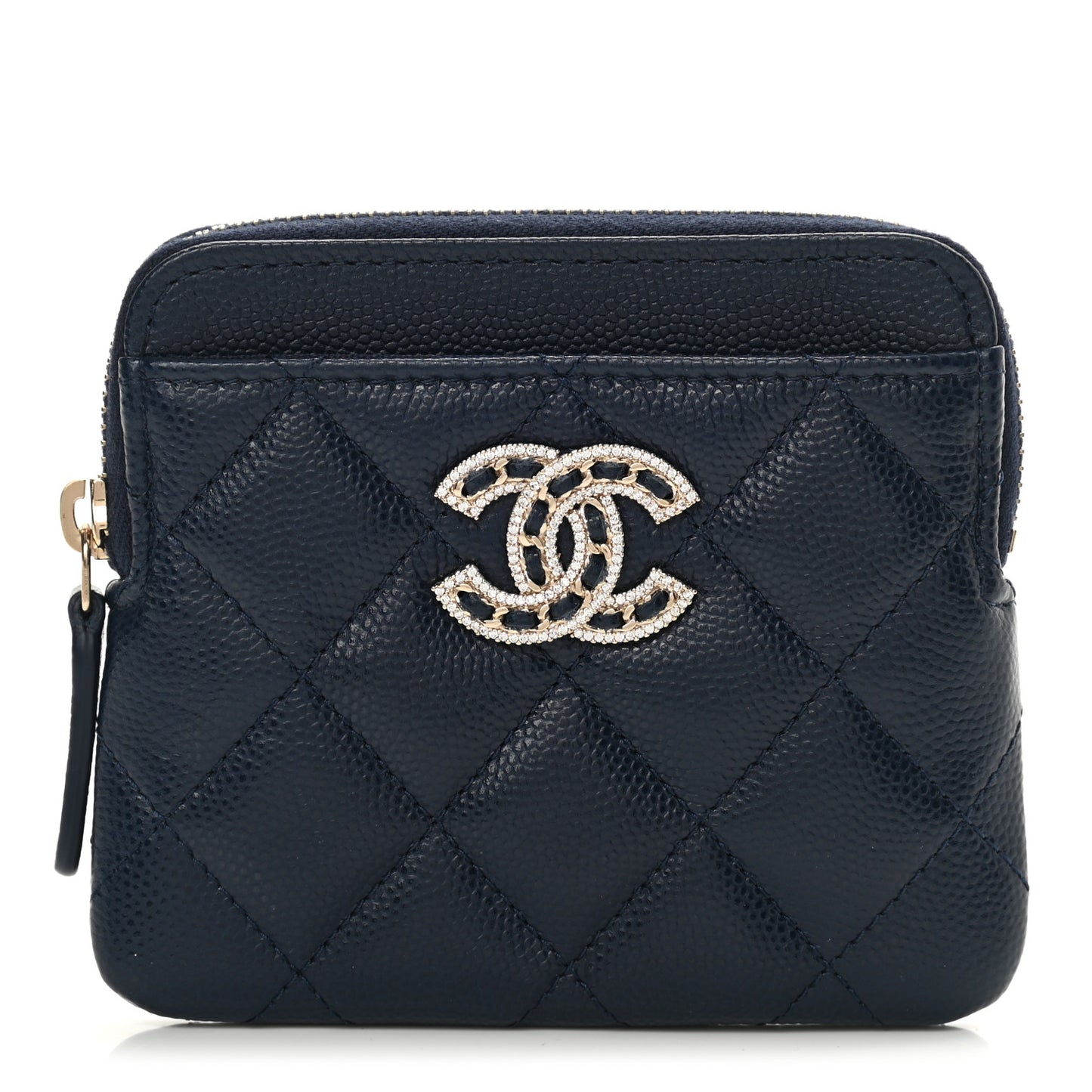 Caviar Quilted Crystal Zip Card Holder Wallet Navy