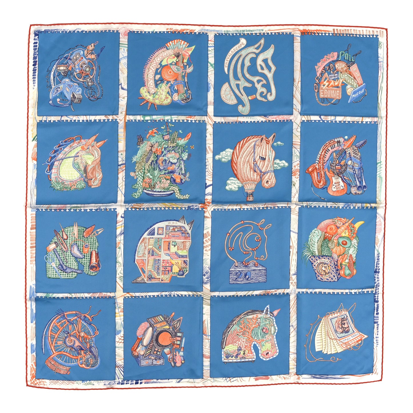 Silk Chevaloscope Scarf 90 Bleu Orange Multicolor