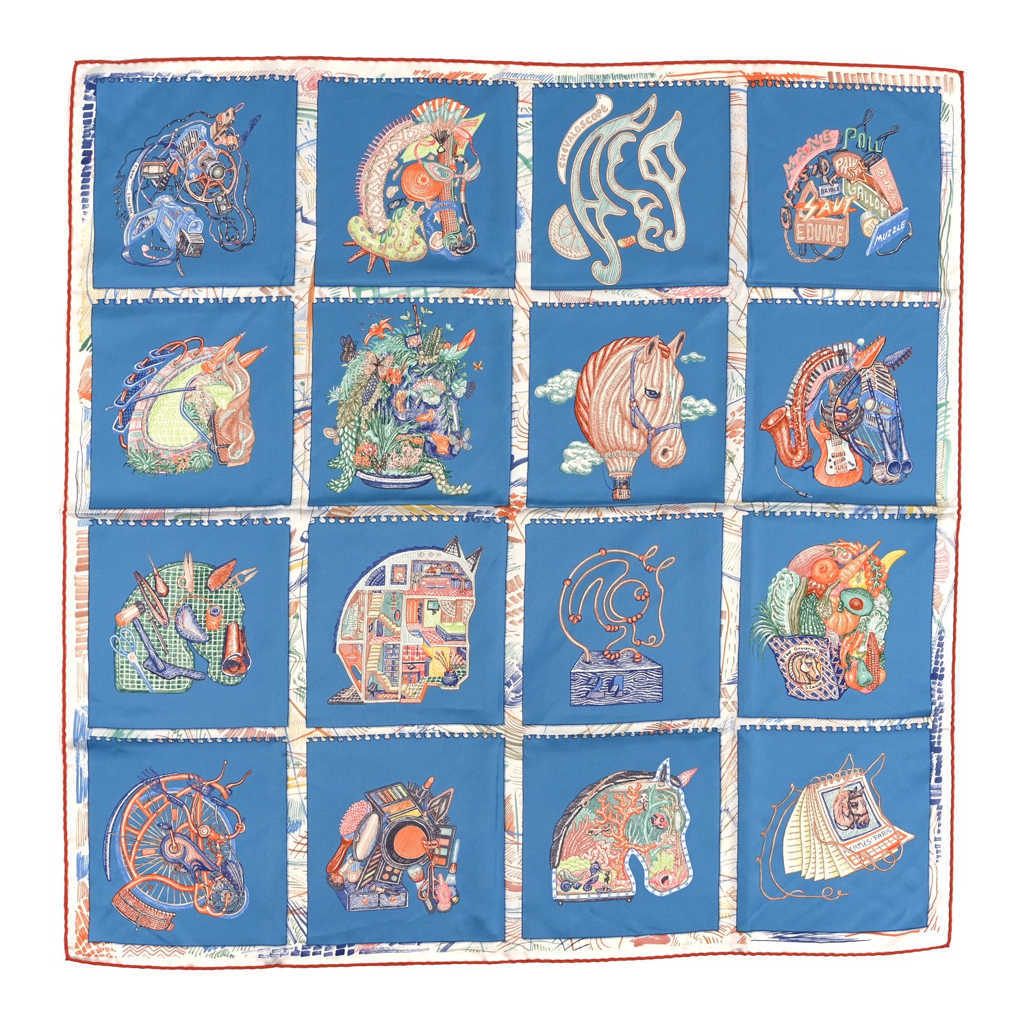 Hermes Silk Chevaloscope Scarf 90 Bleu Orange Multicolor 1 of 3