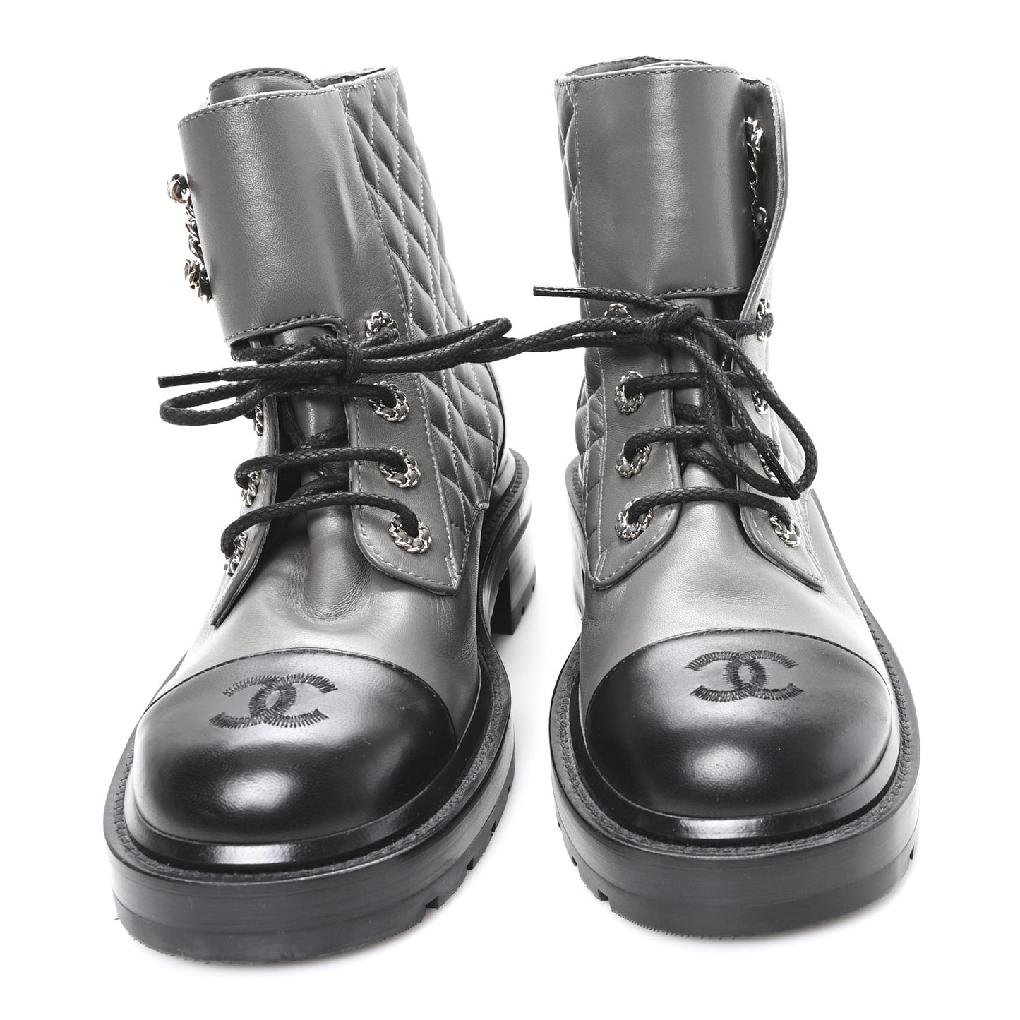 Shiny Lambskin Quilted Lace Up Combat Boots 39 Grey Black
