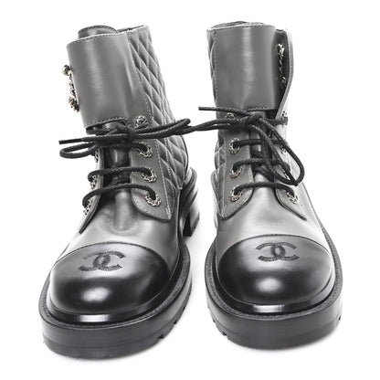 Chanel Shiny Lambskin Quilted Lace Up Combat Boots 39 Grey Black 3 of 9